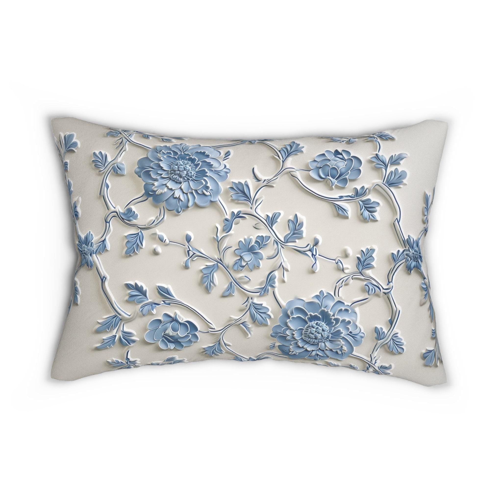 Lumbar Pillow: Elegant Blue Floral Pattern (20x14, Off-White)