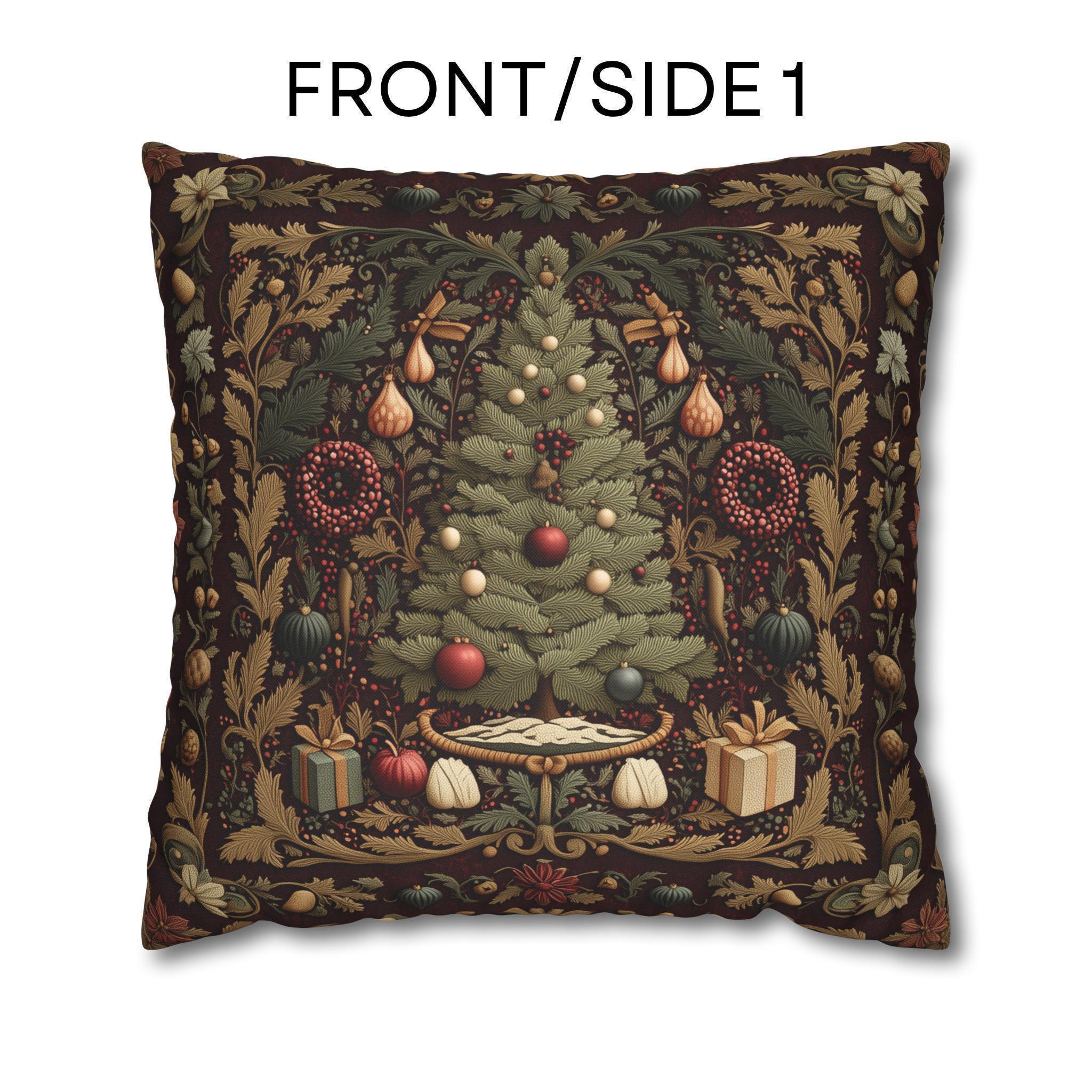 William Morris Christmas Tree Pillow Cover: Burgundy Holiday Tapestry Look
