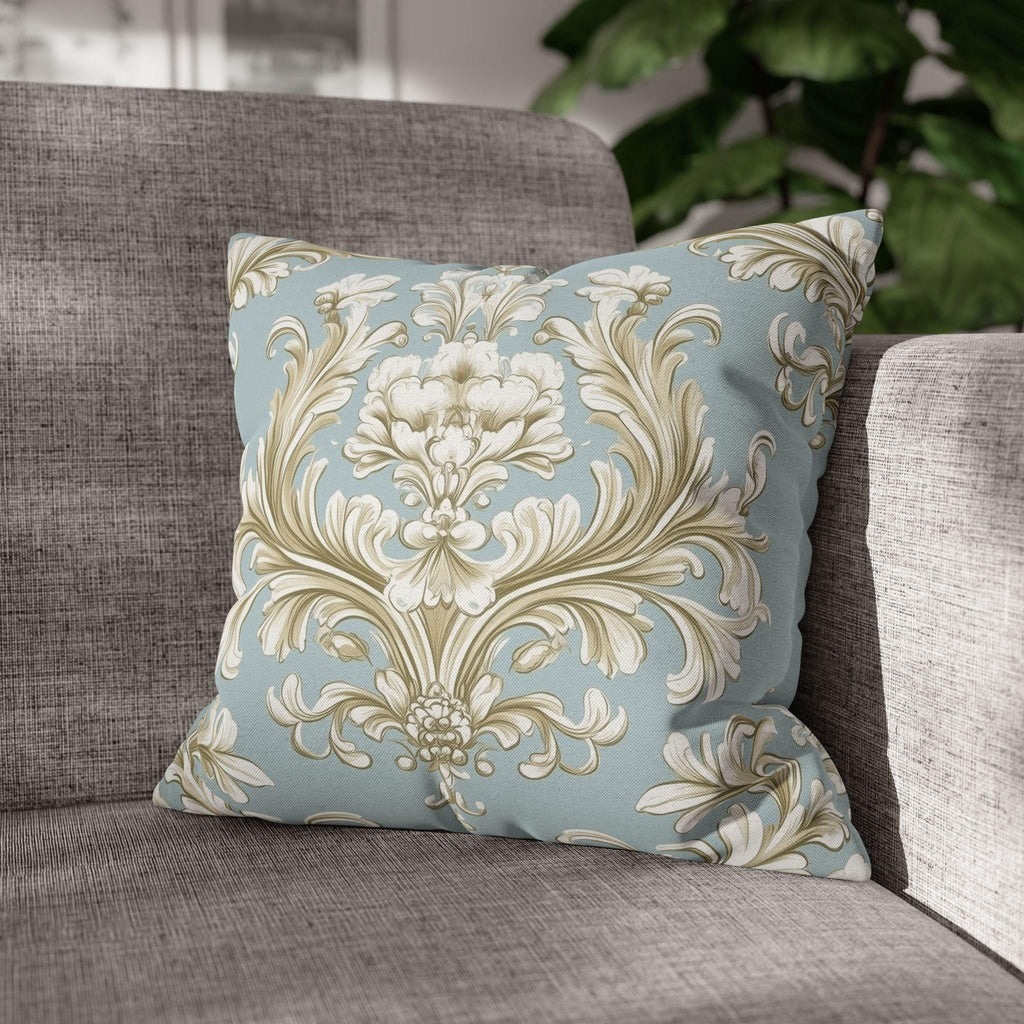 Elegant Baroque Floral Pillowcase: Champagne & Gold on Powder Blue - Luxurious Home Decor Gift