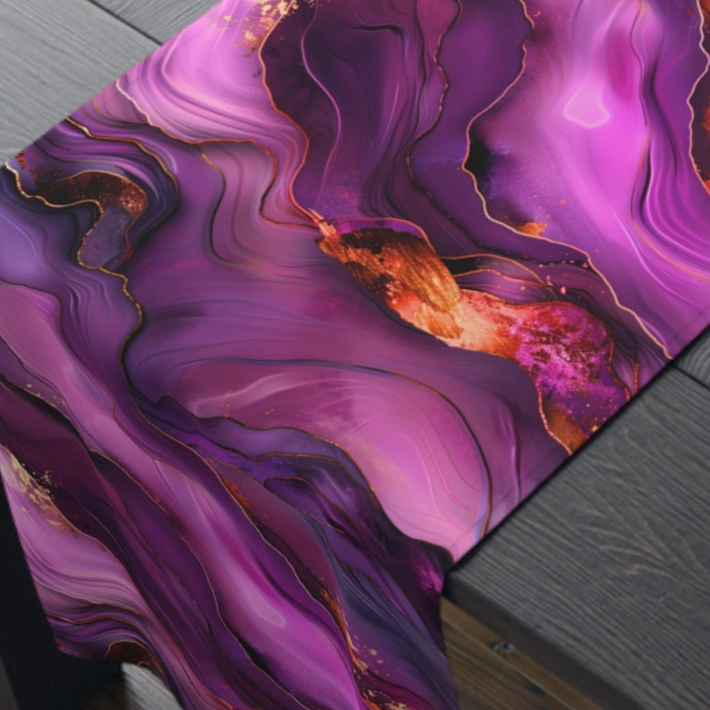Abstract Plum Table Runner: Waves of Amethyst with Copper Fire Colored Accents