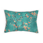 Elegant Chinoiserie Teal Bird Lumbar Pillow with Coral Blossoms for Nature-Inspired Home Decor