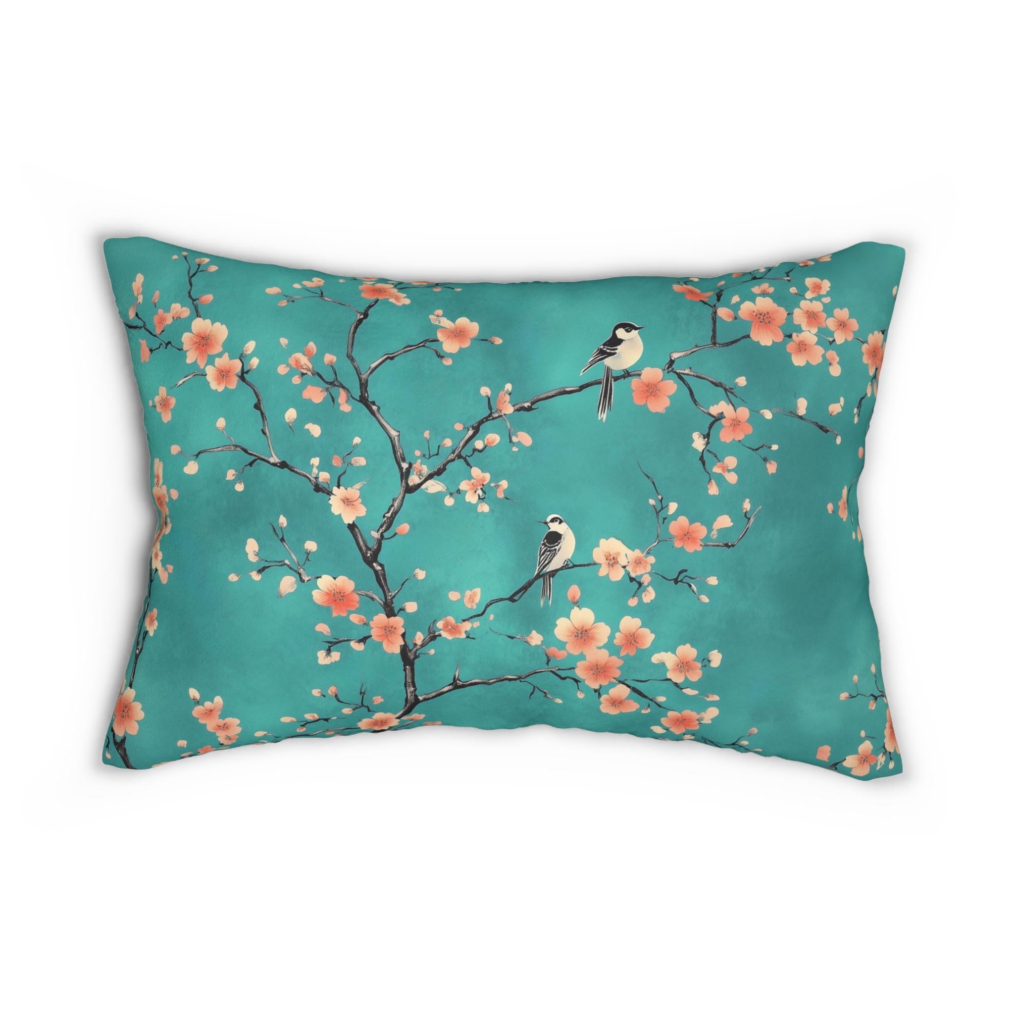 Elegant Chinoiserie Teal Bird Pillow Cover with Coral Blossoms for Nature-Inspired Home Decor