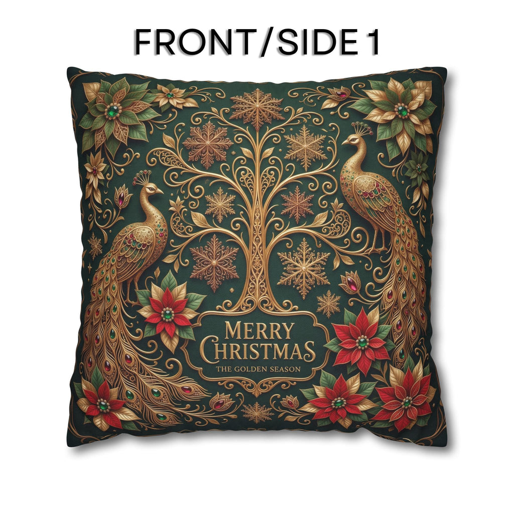 Emerald Green Peacock Christmas Pillow Cover: Gold Poinsettia, Maximalist Holiday