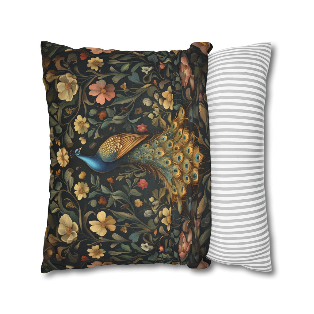 William Morris Inspired Peacock Pillow Cover: Teal-Blue Gold Floral, on a Charcoal Backdrop