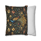William Morris Inspired Peacock Pillow Cover: Teal-Blue Gold Floral, on a Charcoal Backdrop