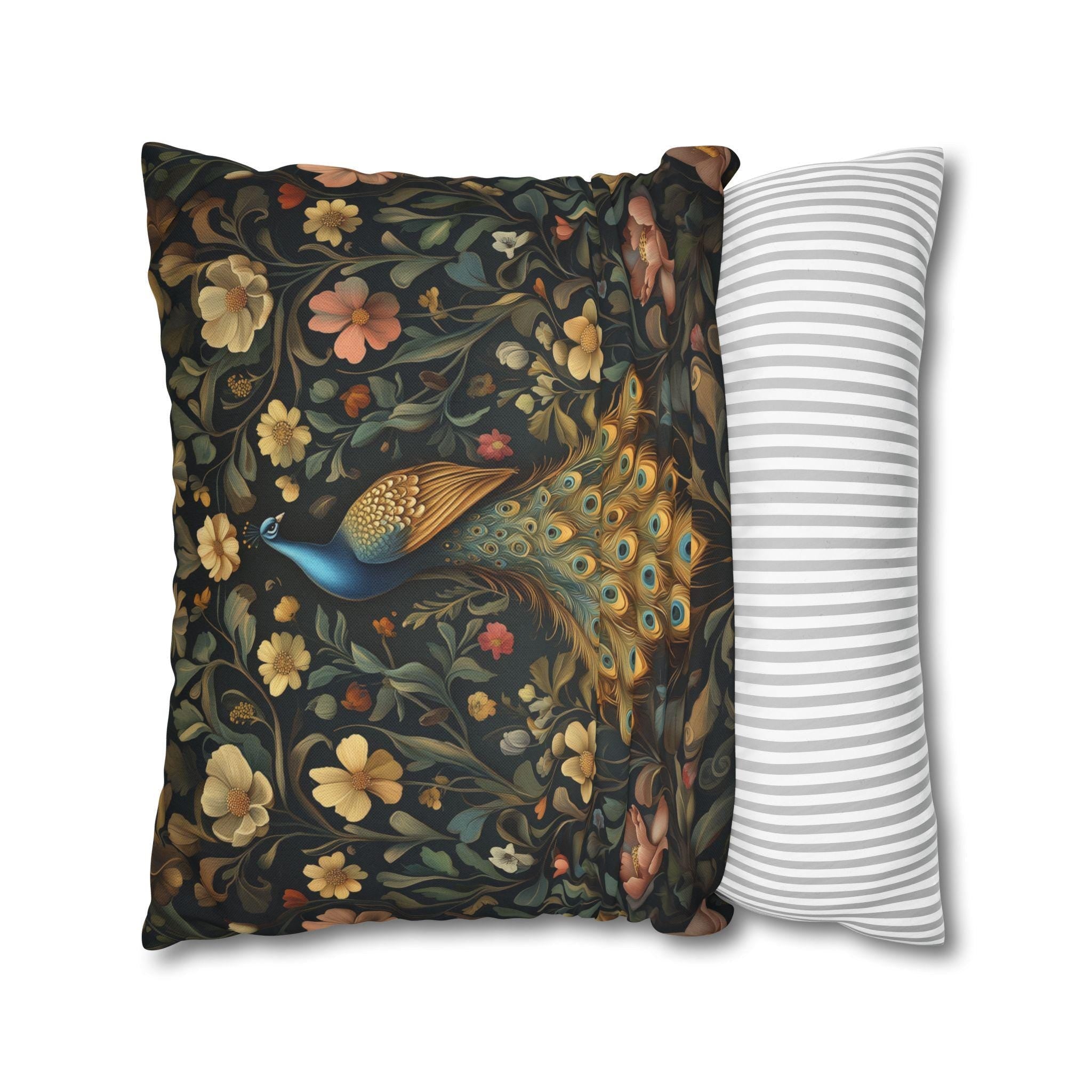 William Morris Inspired Peacock Pillow Cover: Teal-Blue Gold Floral, on a Charcoal Backdrop