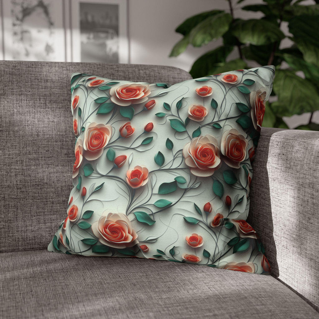 Elegant Floral Rose Square Pillowcase: Romantic Red Coral Design for Home Decor, Wedding Gift