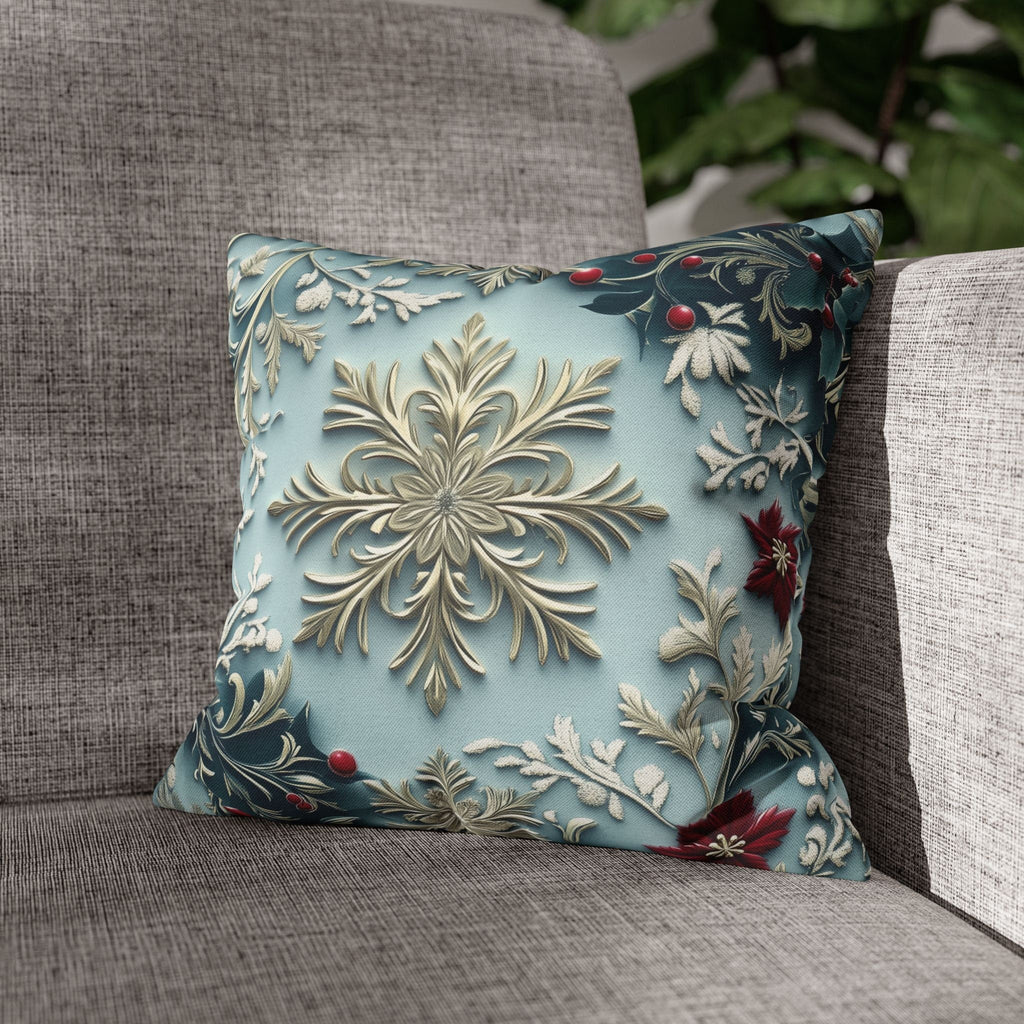 Blue Christmas Pillow Cover Elegant Chinoiserie Inspired Snowflake and Holly Design Light Blue Background
