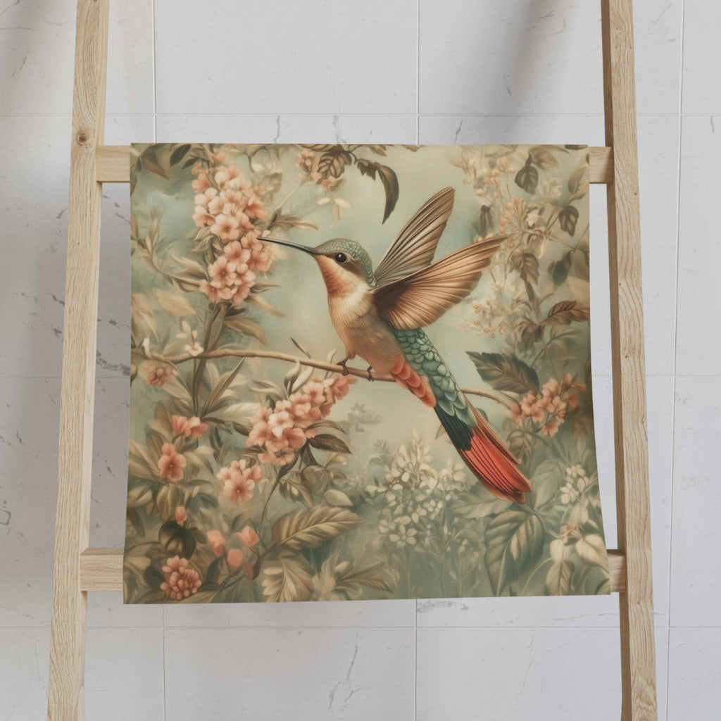 William Morris Botanical Hand Towel: Sage Blush Teal Hummingbird Arts & Crafts Design