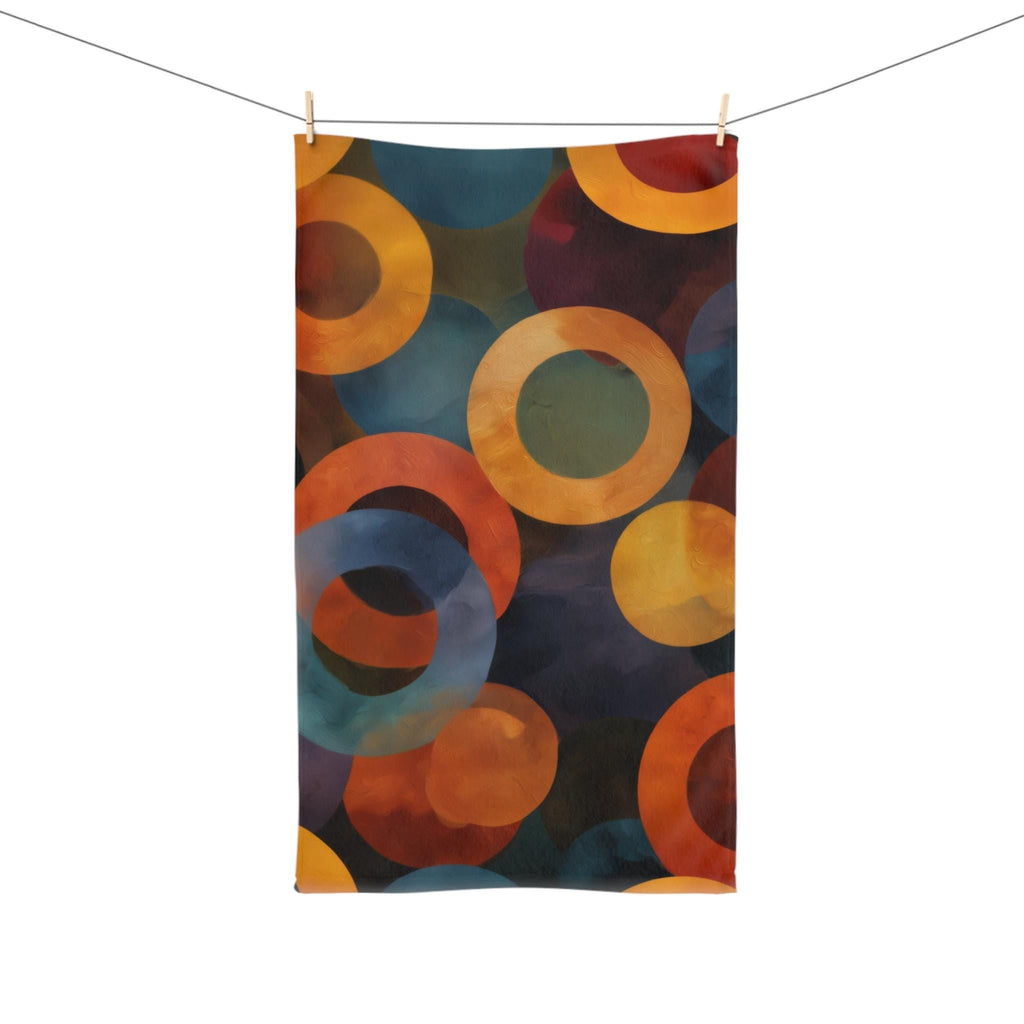 Retro Bold Circle Pattern Hand Towel: Burnt Orange, Gold, Teal on Black Background