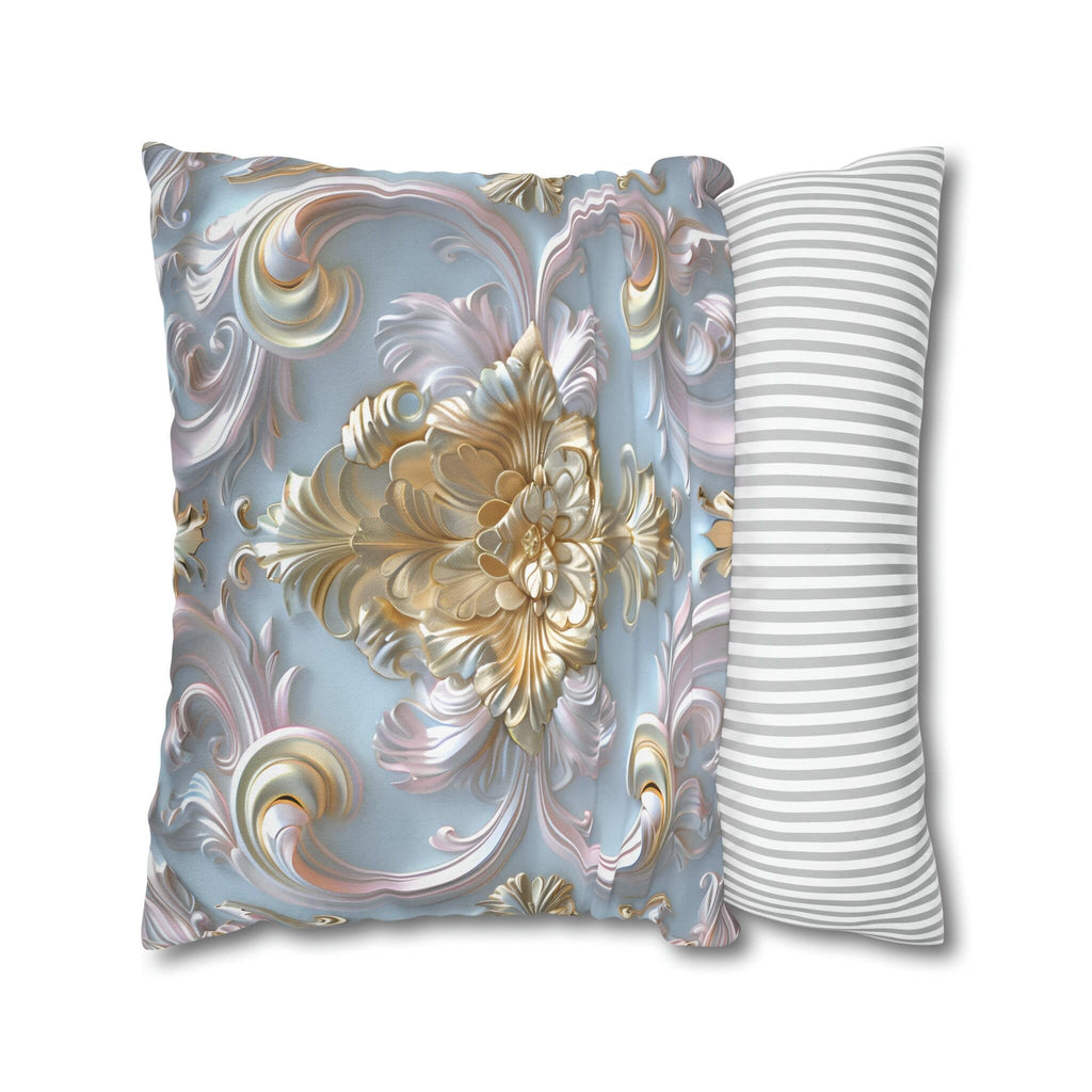 Rococo Coquette Pillow Cover: Pale Gold Floral on Pastel Blue