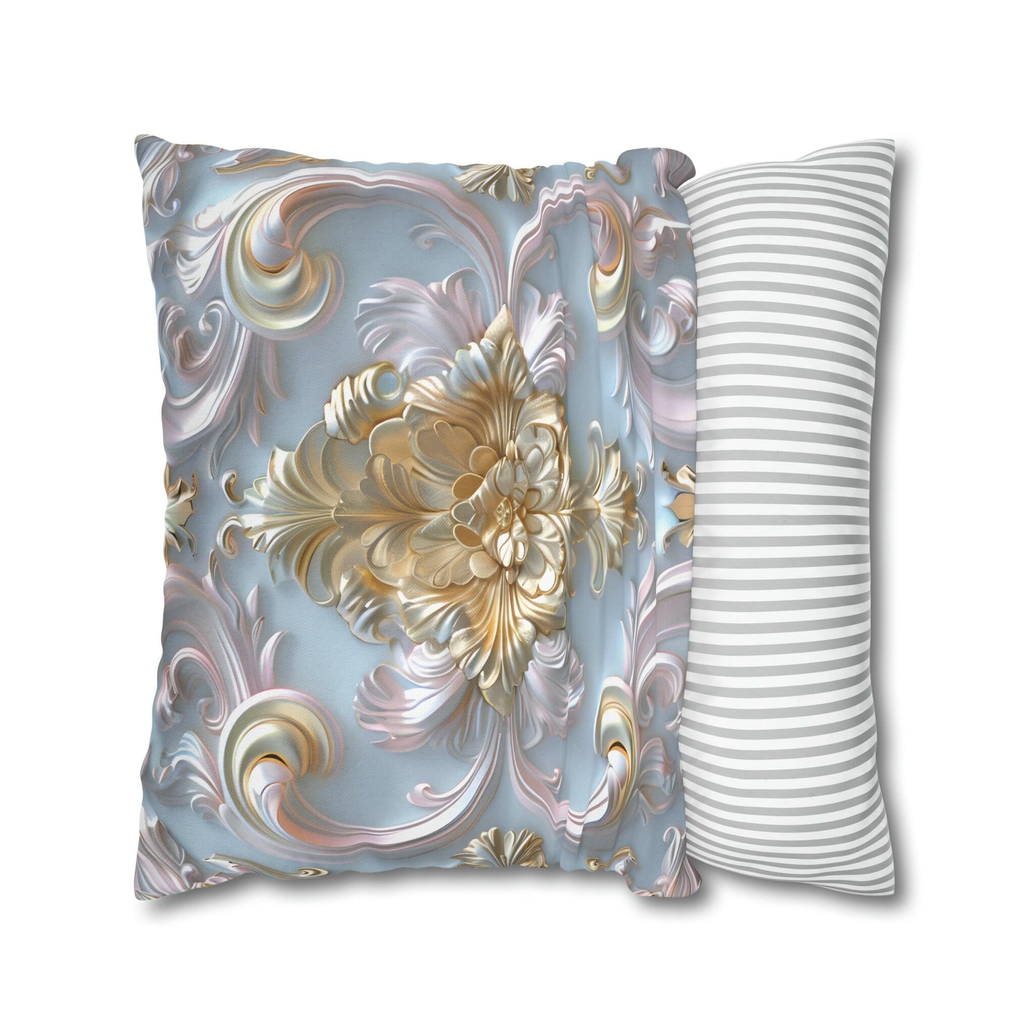 Rococo Coquette Pillow Cover: Pale Gold Floral on Pastel Blue