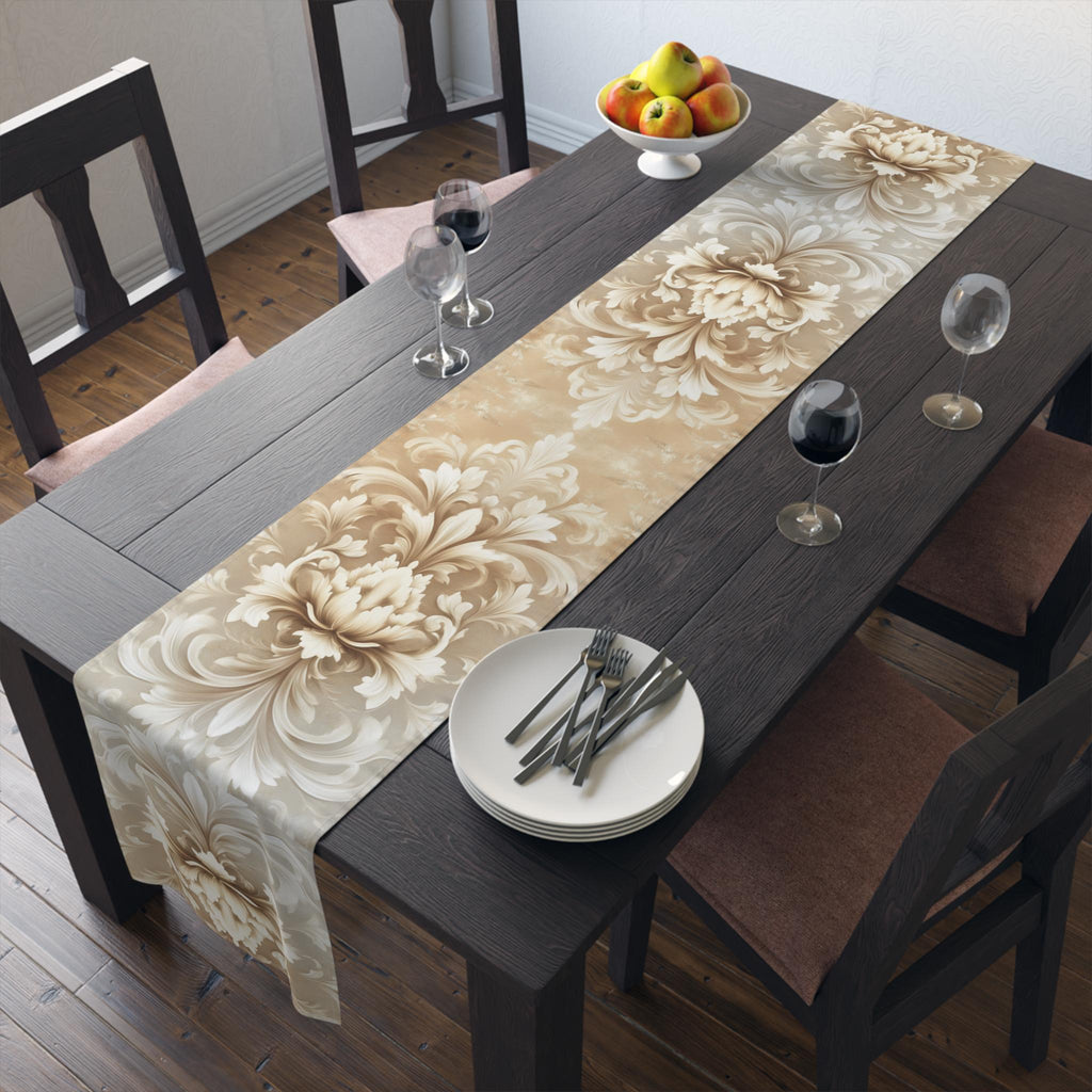 Elegant Damask Floral Table Runner: Ivory-Beige-Caramel Gradient, Luxury Home Decor Accent
