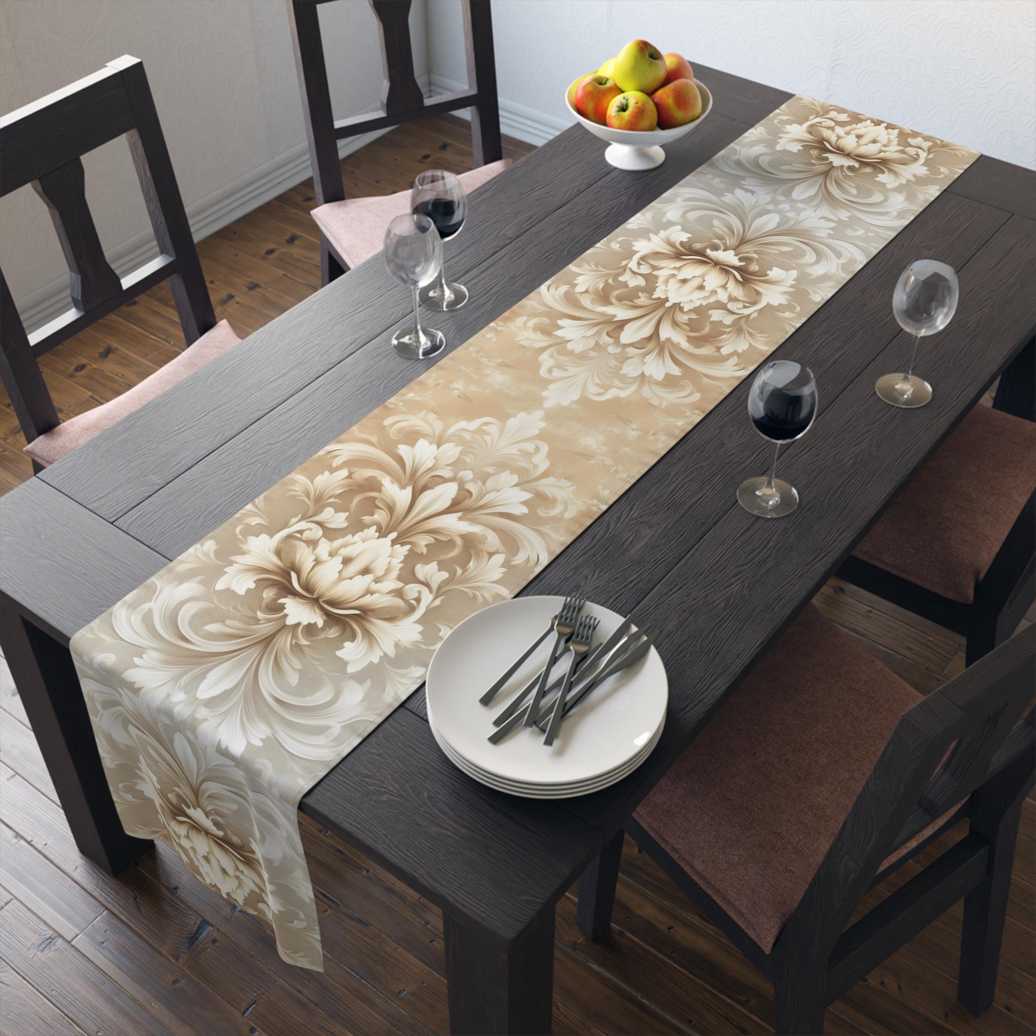 Elegant Damask Floral Table Runner: Ivory-Beige-Caramel Gradient, Luxury Home Decor Accent