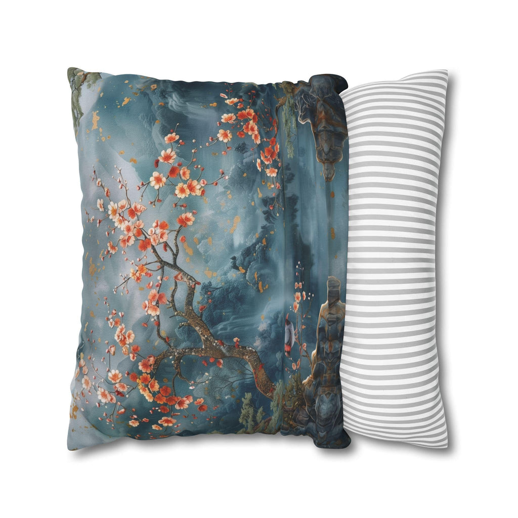 Chinoiserie Watercolor Pillow Cover: Misty Mountain Landscape with Blossoms and Bird Scene