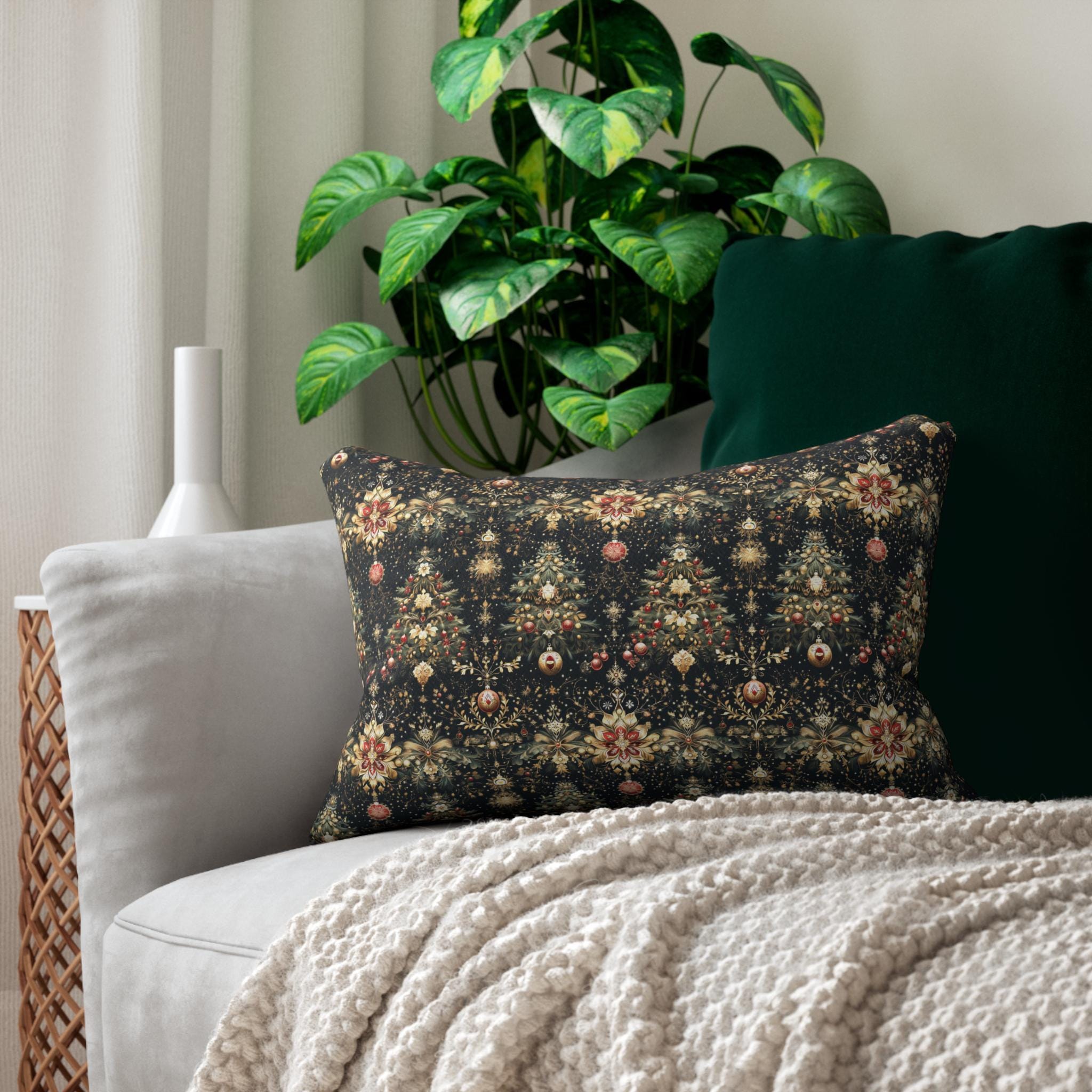 Christmas Tree Lumbar Pillow: Luxe Gold Red & Green on Deep Charcoal Holiday Decor