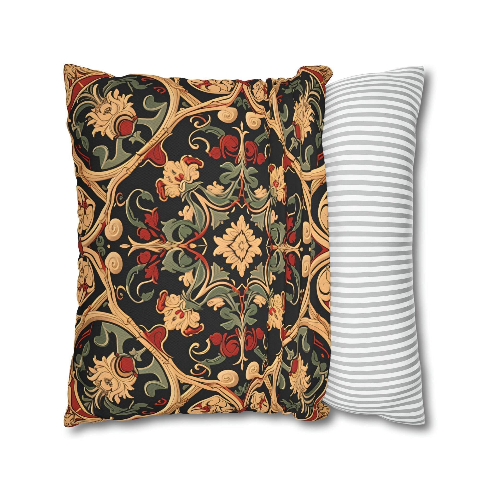 Renaissance Floral Pillow Cover: Red, Green & Gold on Dark Ground