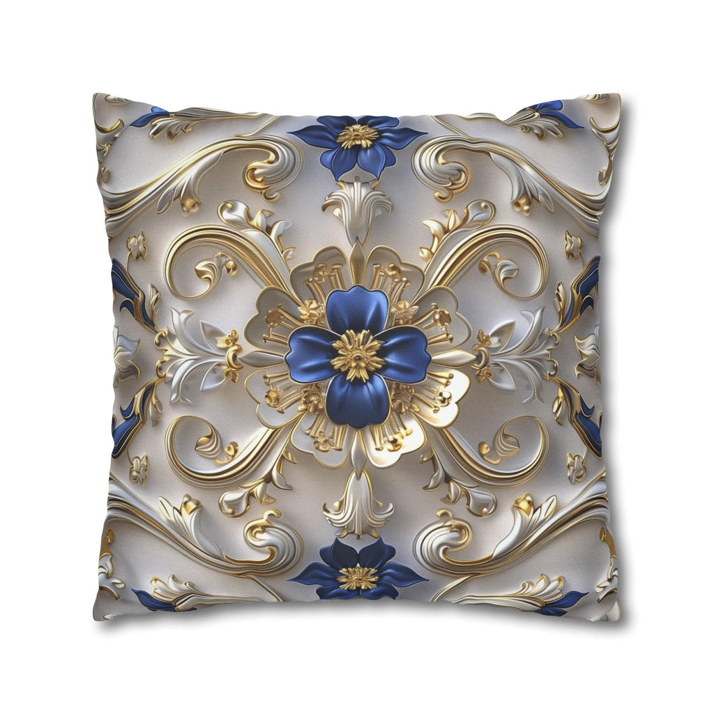 Baroque Inspired Throw Pillow Cover Blue and Gold Ornate Design Elegant Home Decor Gift