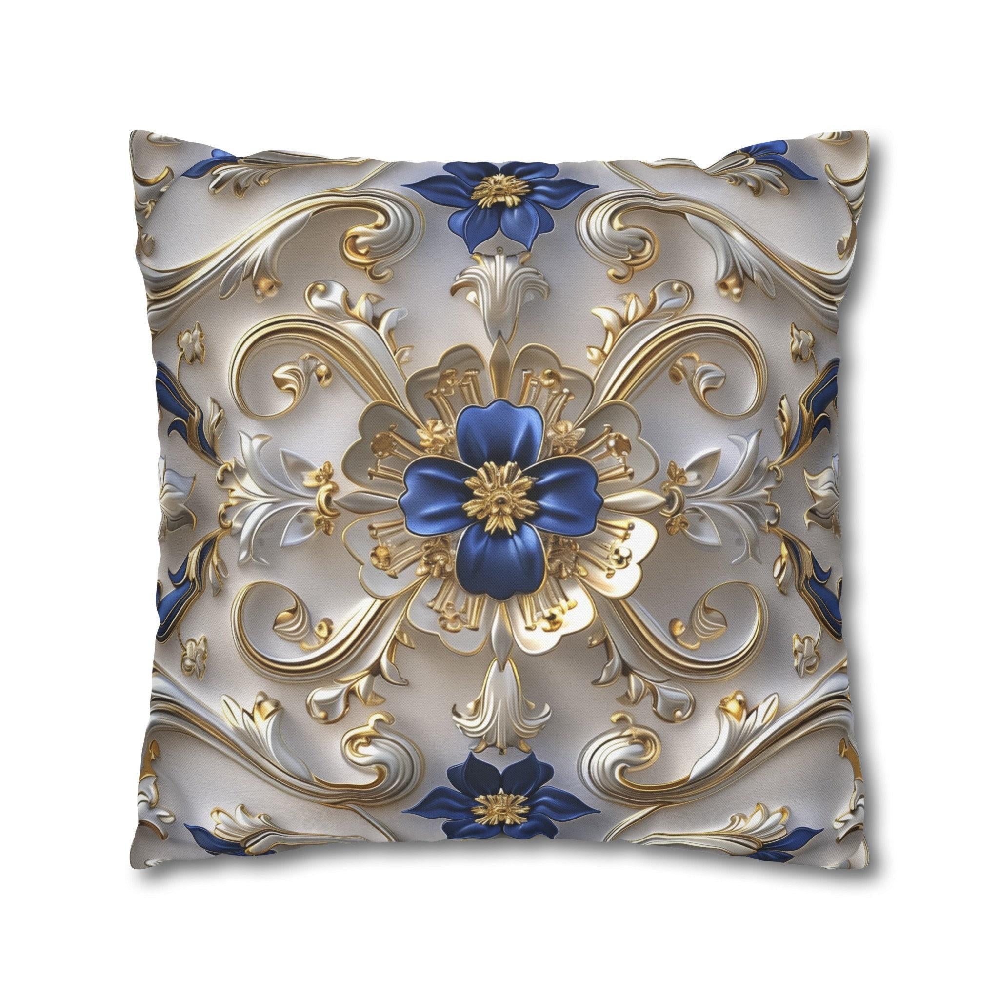 Baroque Inspired Throw Pillow Cover Blue and Gold Ornate Design Elegant Home Decor Gift