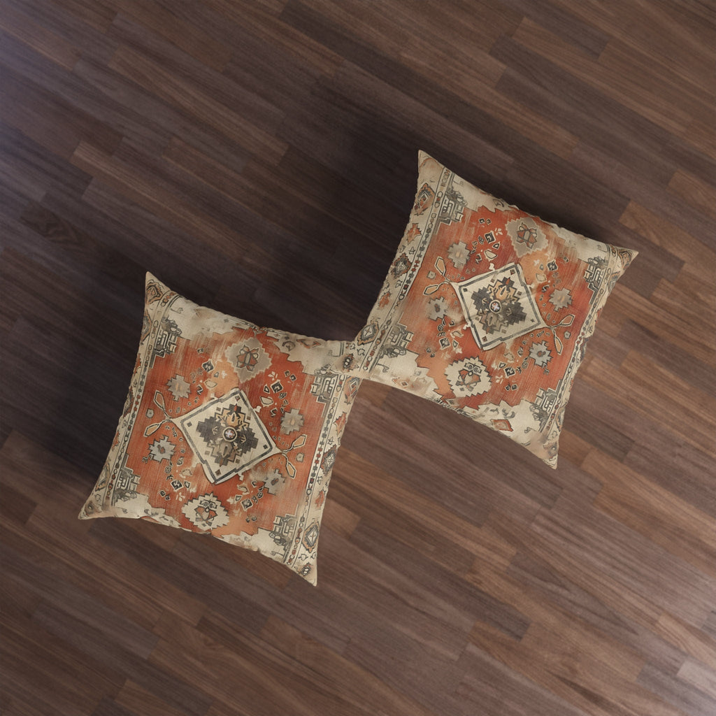 Persian Tribal Diamond Medallion Tufted Floor Cushion - Antique Tapestry Design Earth Tone Seating