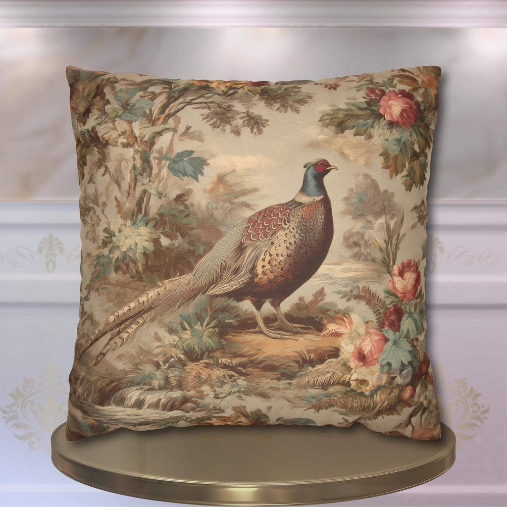 French Country Pheasant Throw Pillow Cover: Vintage Style Toile Bird Design
