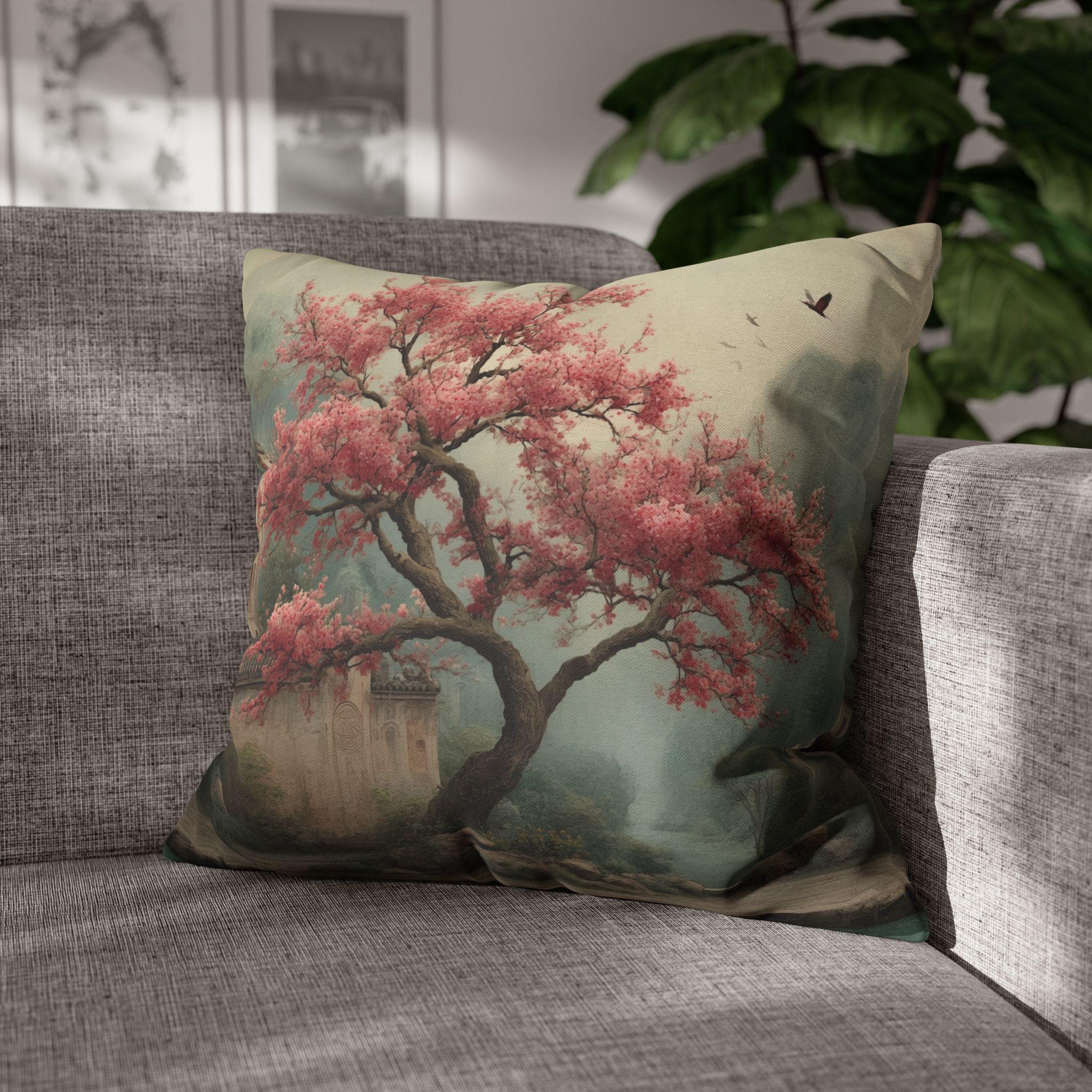 Chinoiserie Watercolor Pillow Cover: Pink Blossom Tree with Misty Temple Landscape Scene
