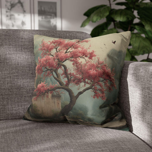Chinoiserie Watercolor Pillow Cover: Pink Blossom Tree with Misty Temple Landscape Scene