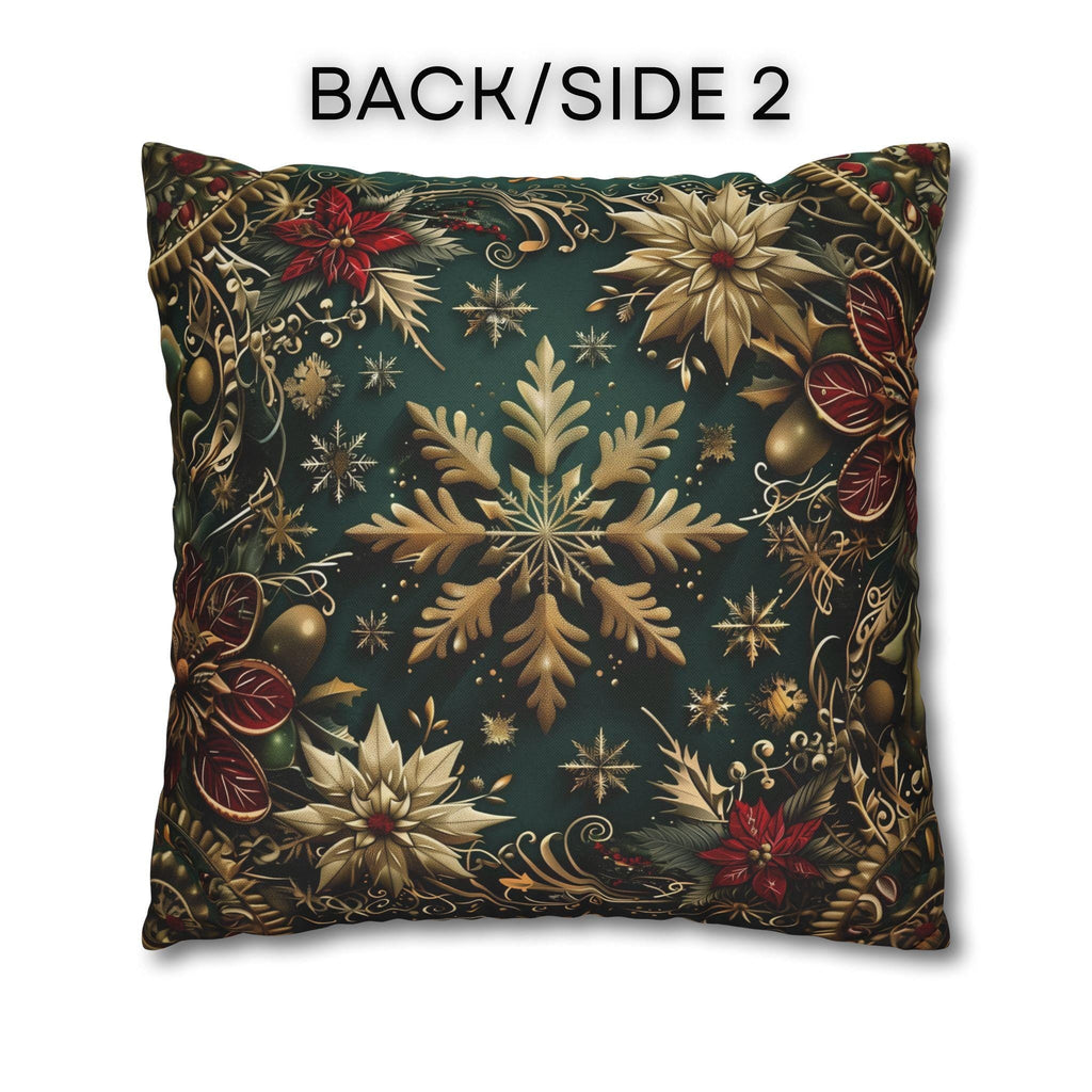 Victorian Snowflake Pillow Cover: Gold & Green with Red Poinsettias for Holiday Decor