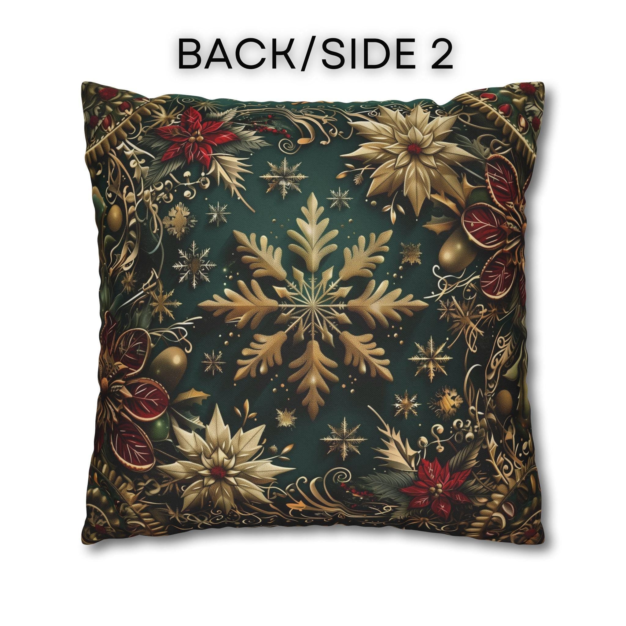 Victorian Snowflake Pillow Cover: Gold & Green with Red Poinsettias for Holiday Decor
