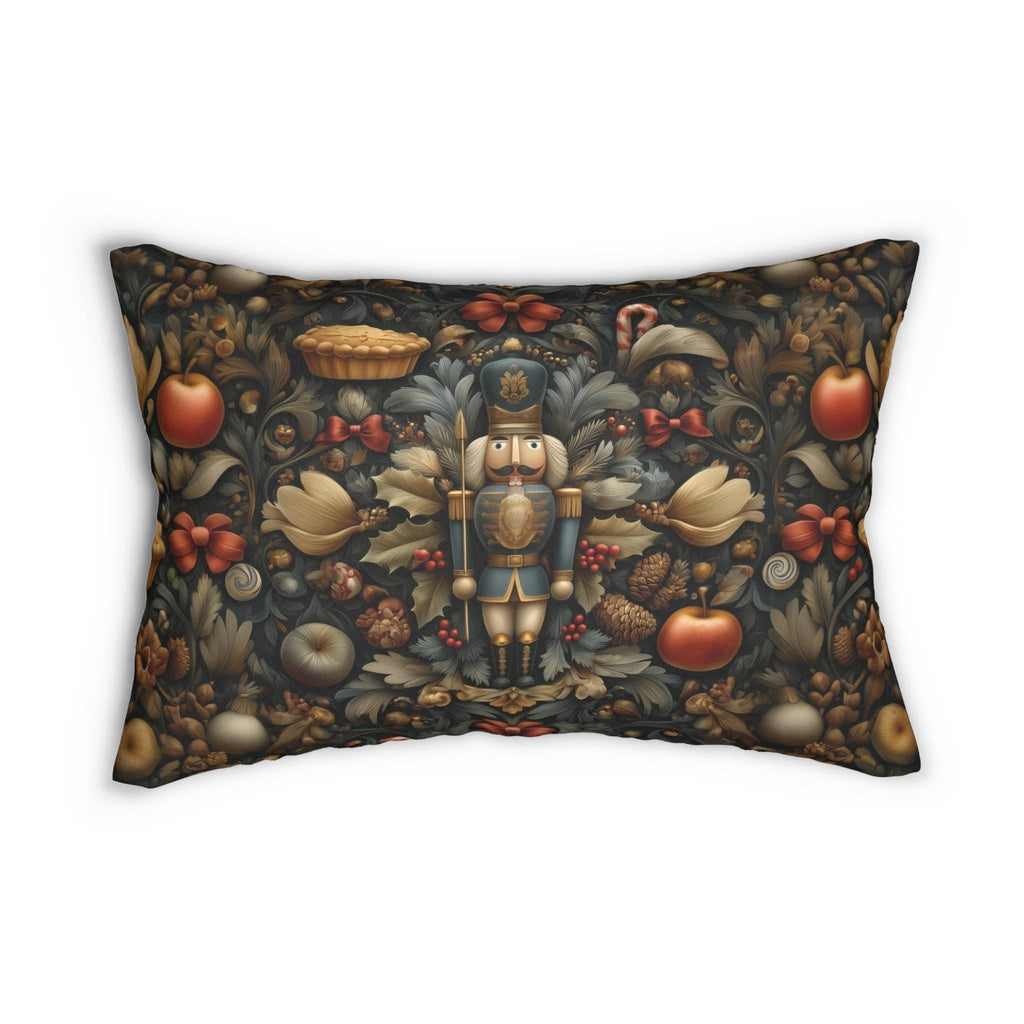 William Morris Nutcracker Lumbar Pillow: Woodland Holly & Pinecone Holiday Design