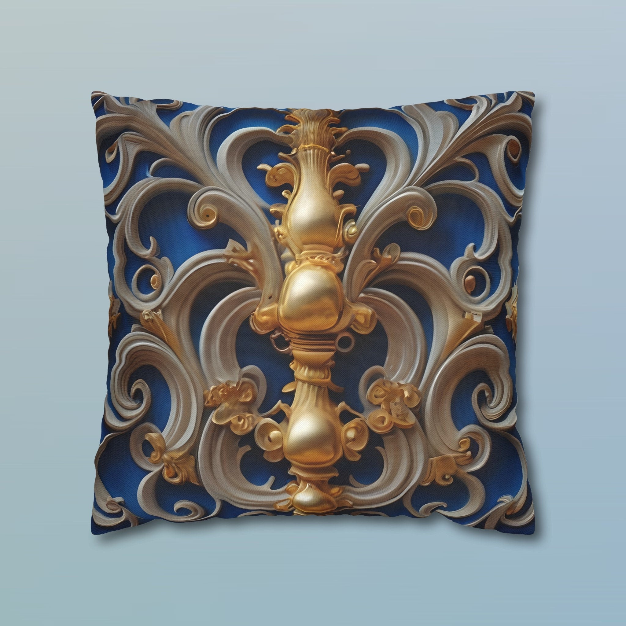 Opulent Baroque-Inspired Blue & Gold Throw Pillow Cover: Luxurious Ornate Symmetrical Design Cushion