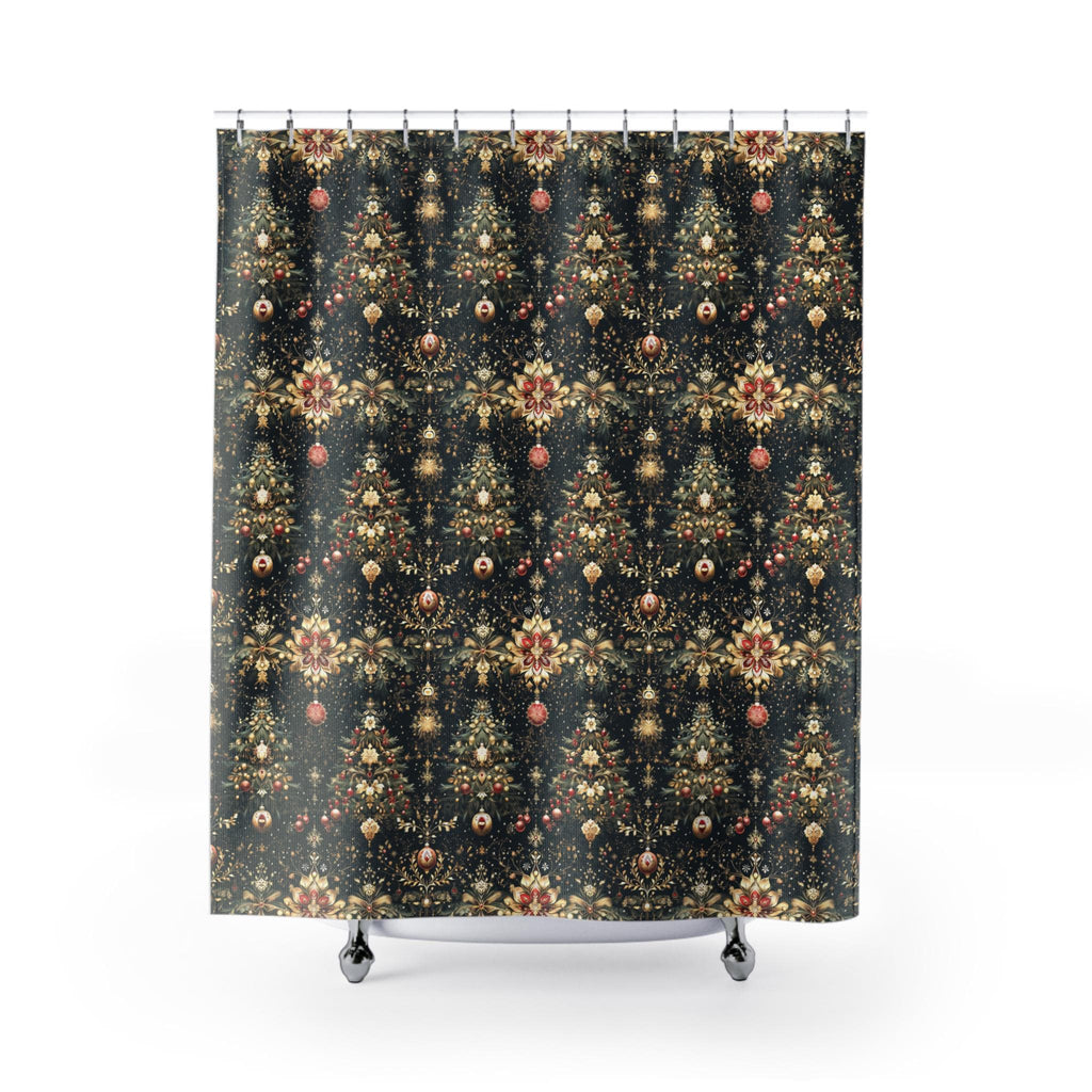 Luxe Christmas Tree Fabric Shower Curtain: Gold, Red & Green Holiday Decor