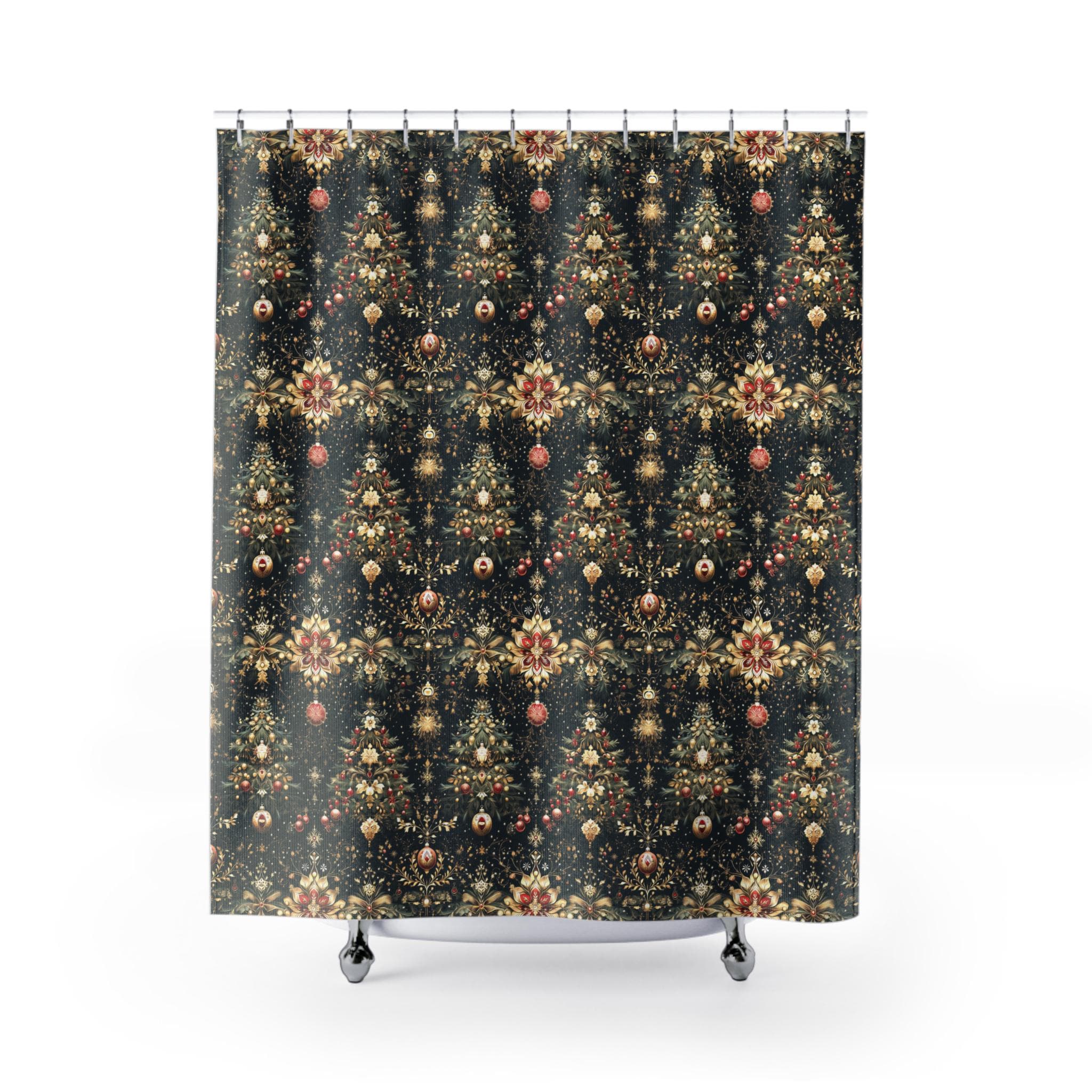 Luxe Christmas Tree Fabric Shower Curtain: Gold, Red & Green Holiday Decor