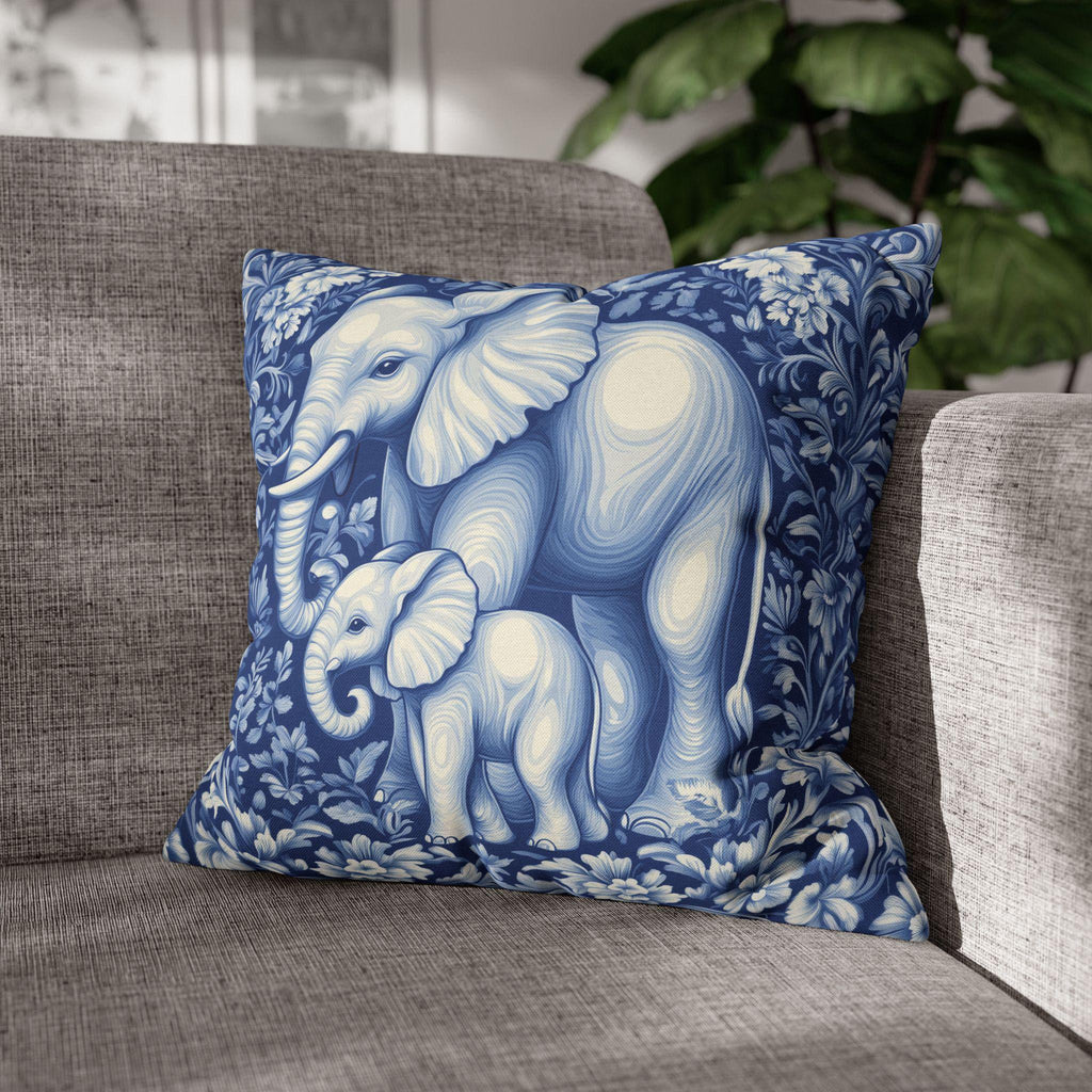 William Morris Inspired Elephant Pillow Cover: Blue & White Botanical Tapestry Cushion Case