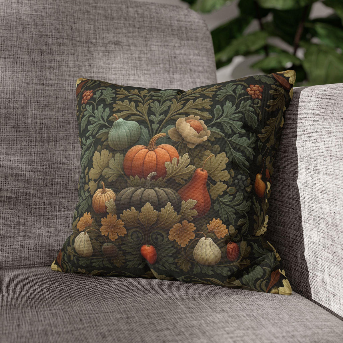 William Morris Inspired Fall Pillow Cover: Sage, Brown & Gold Vintage Style Tapestry