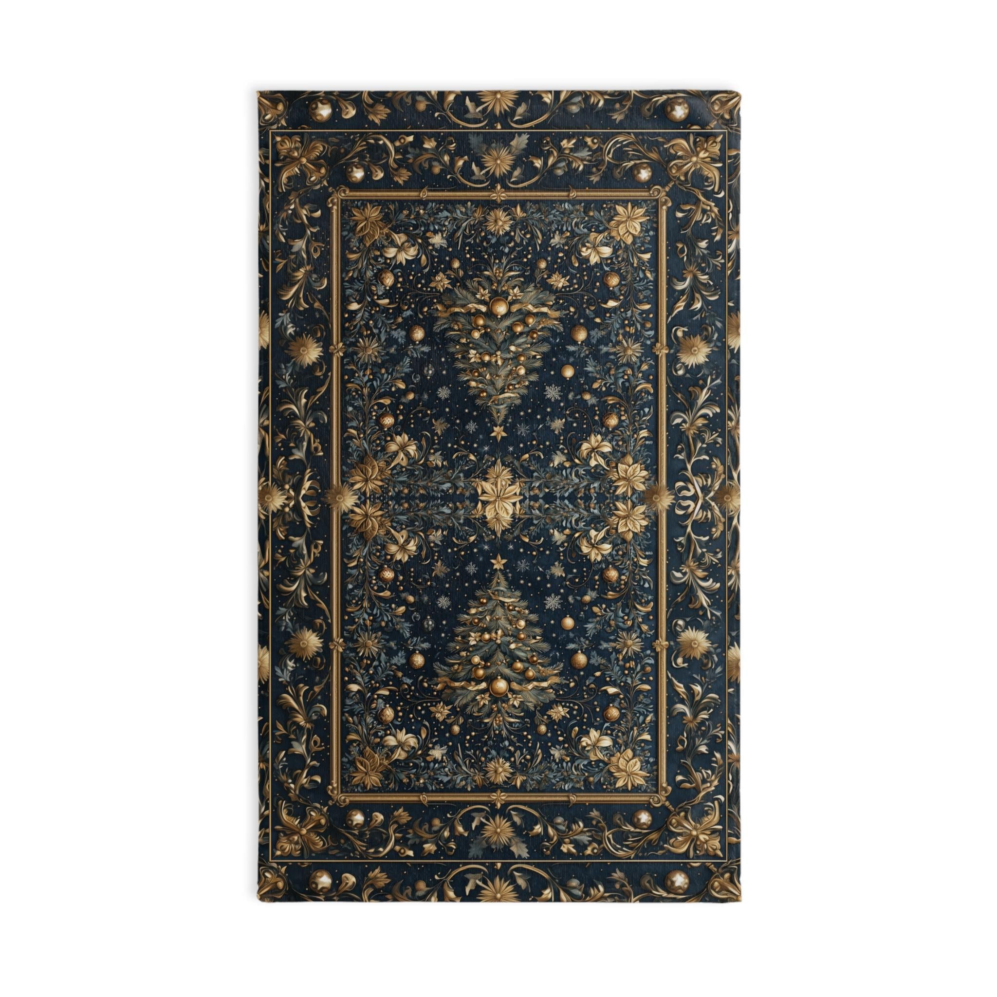 William Morris Inspired Christmas Tree Tea Towel: Gold & Navy Holiday Hand Towel