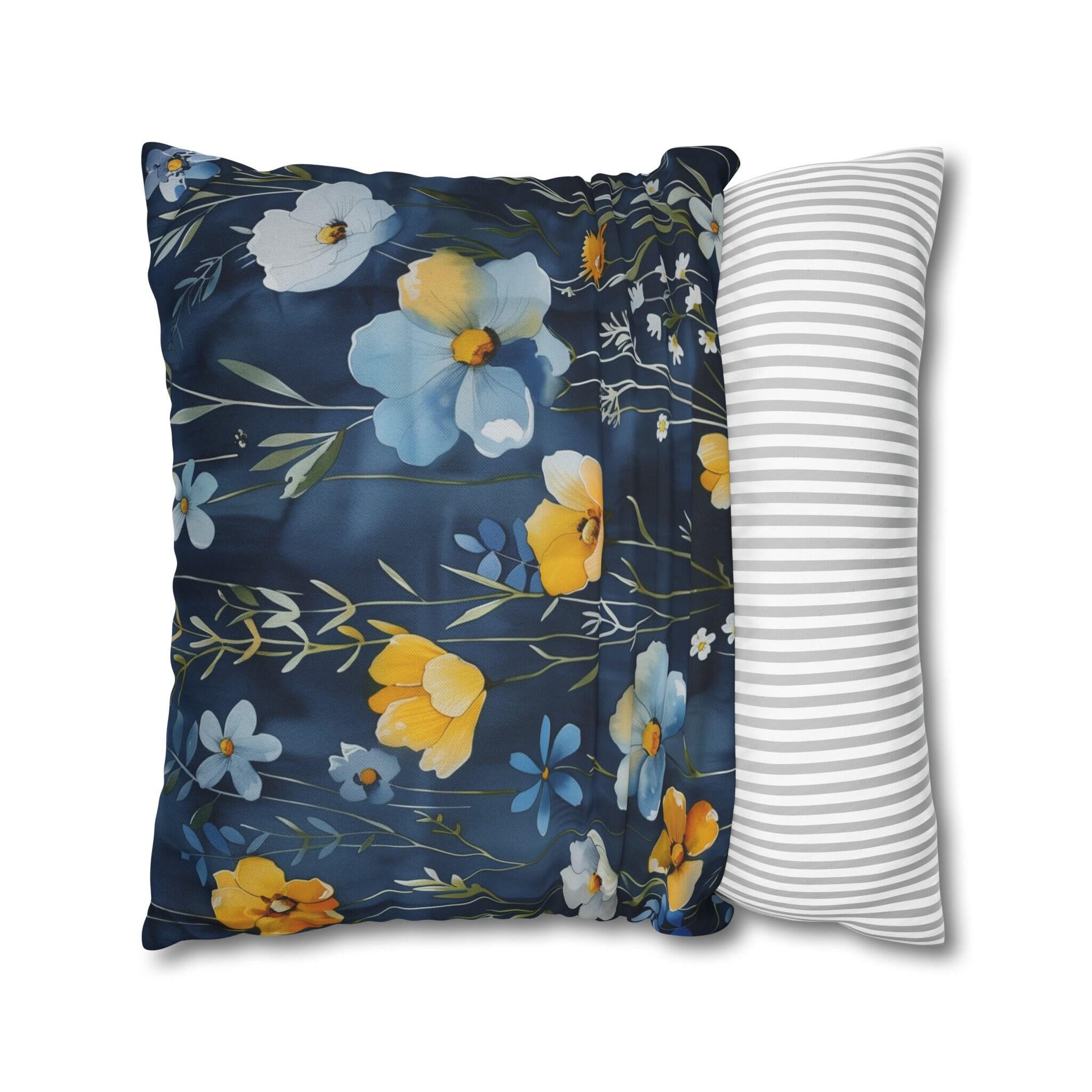 Floral Pillow Cover, Watercolor Style, Elegant Dark Blue, Accent Pillowcase