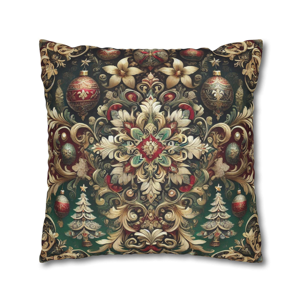 Baroque Christmas Square Pillow Cover, Gold Red Green Ornaments, Vintage Style Luxury Design Pillowcase