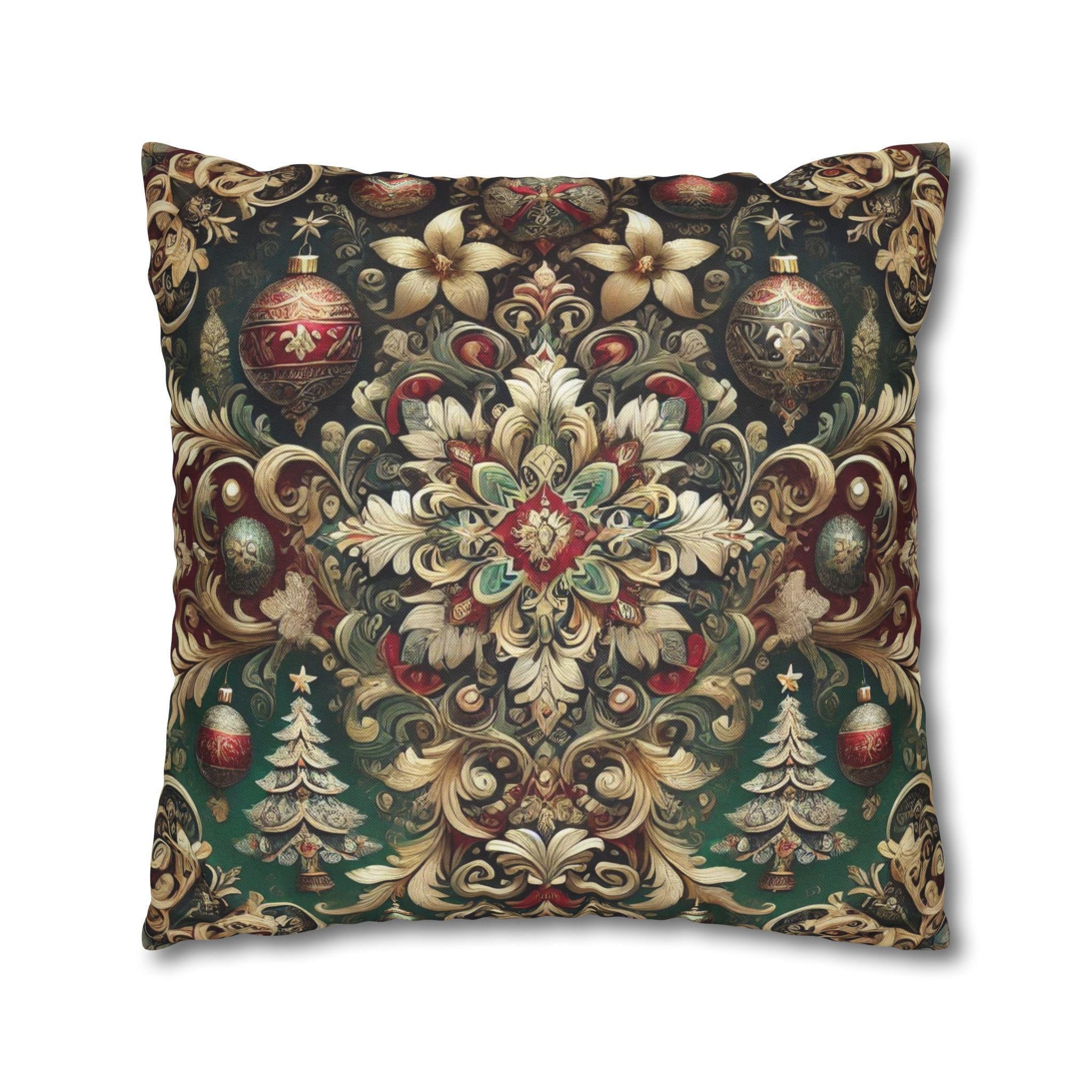 Baroque Christmas Square Pillow Cover, Gold Red Green Ornaments, Vintage Style Luxury Design Pillowcase