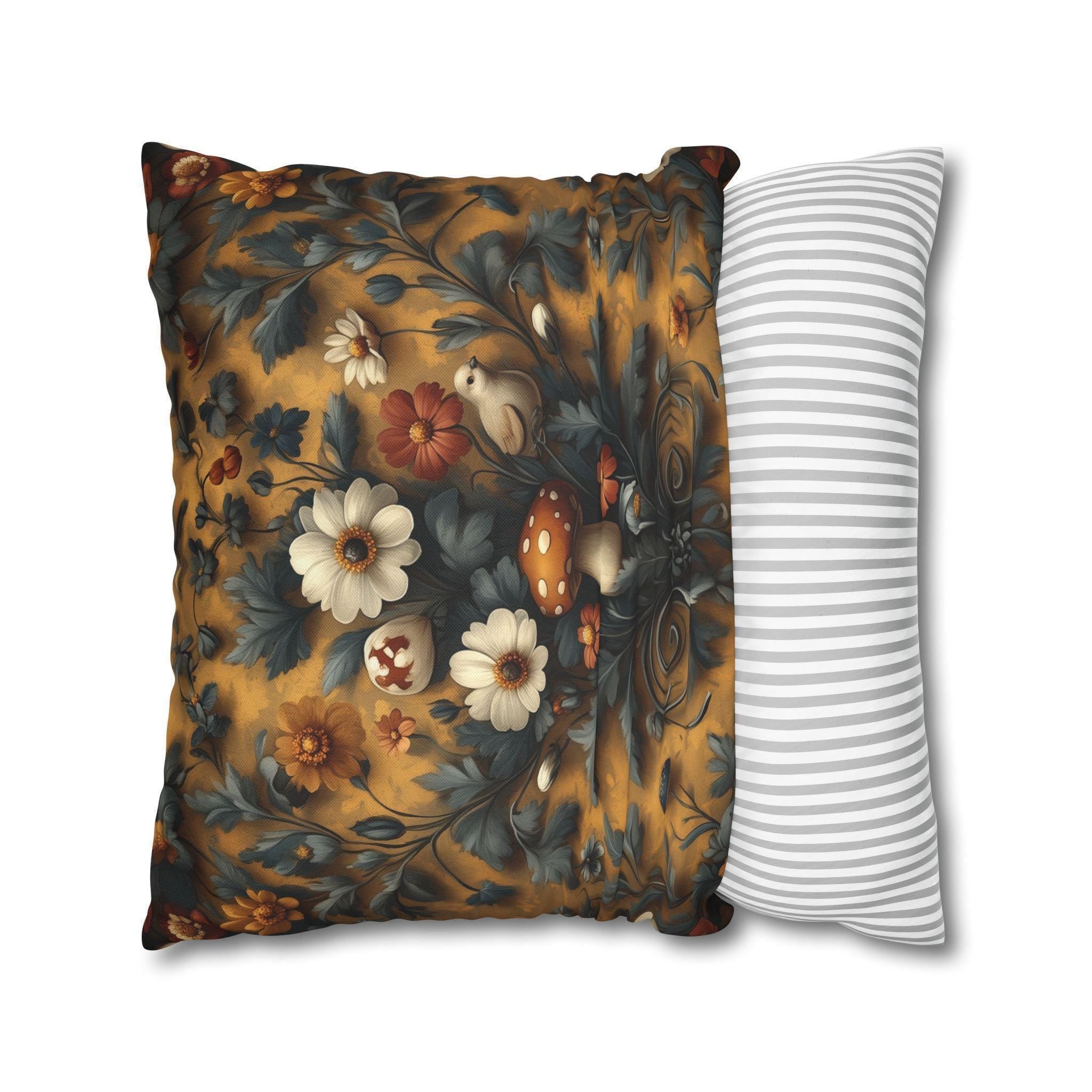 William Morris Inspired Woodland Mushroom Pillow Cover: Autumn Floral Art on Gold Background