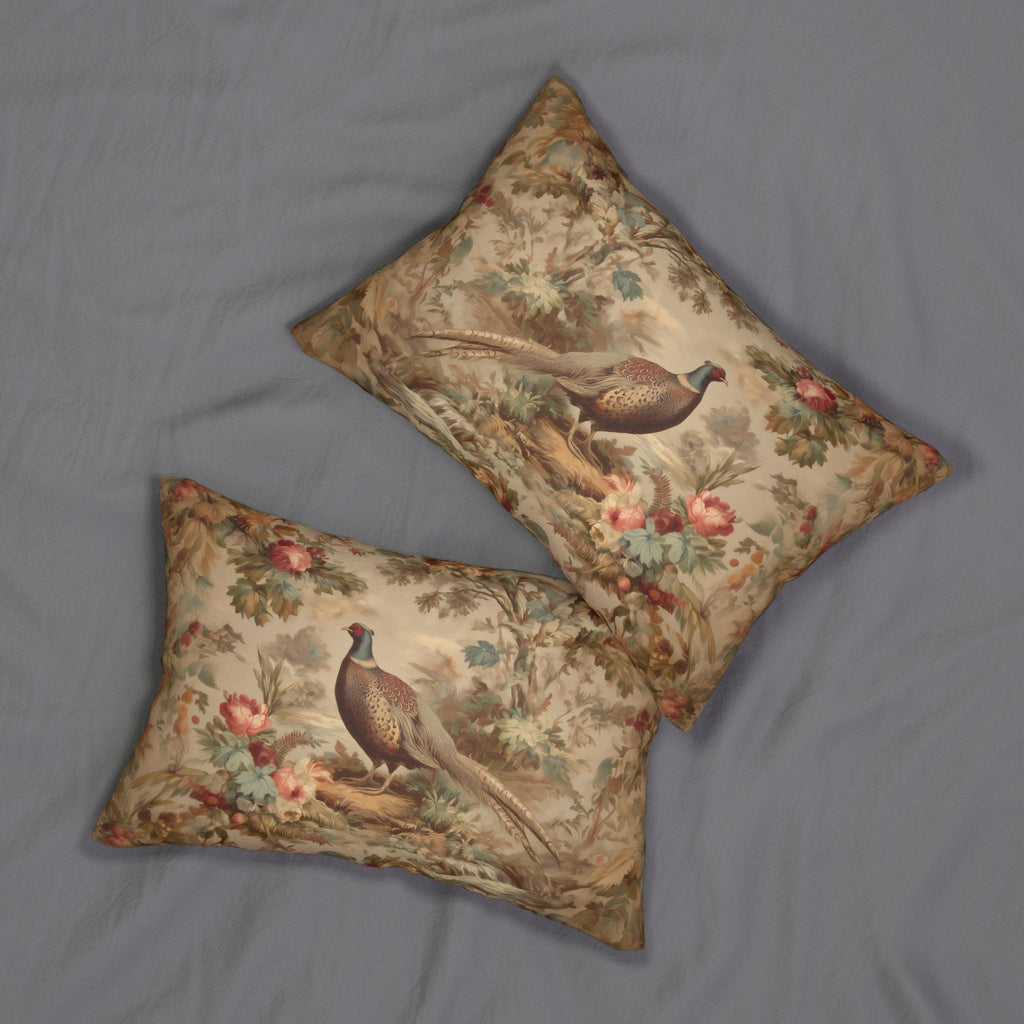 French Country Pheasant Lumbar Pillow: Vintage Style Toile Bird Design