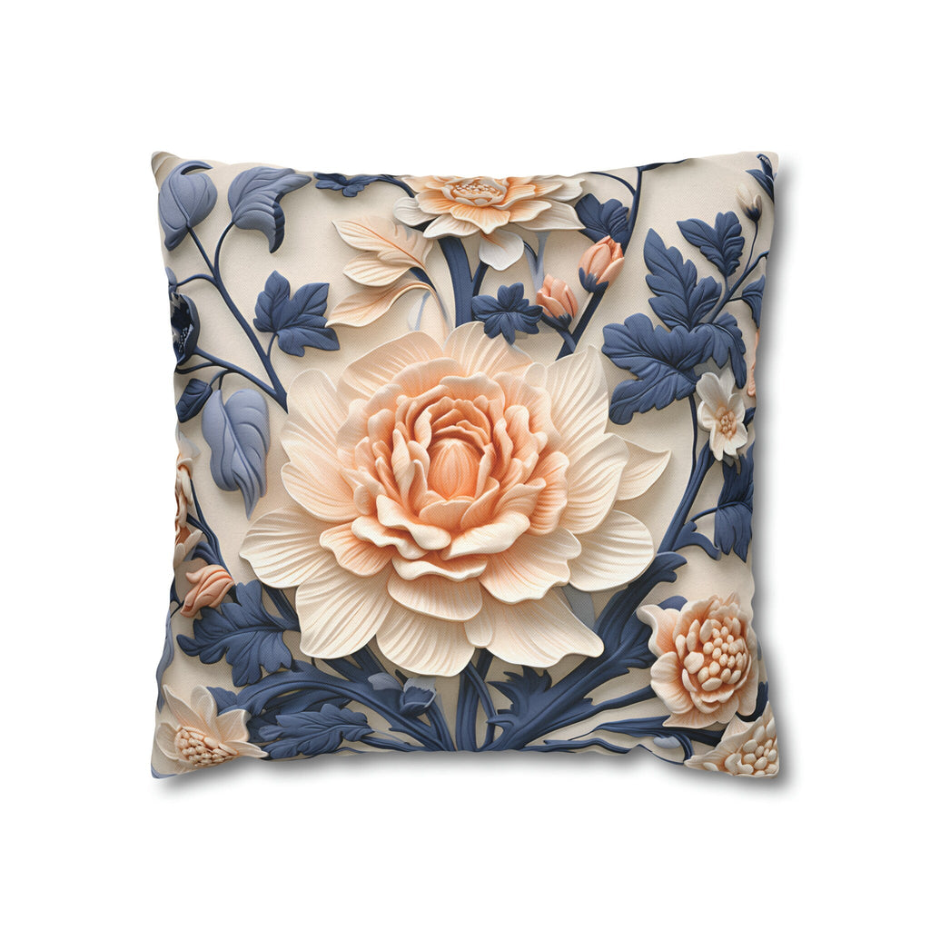 Chinoiserie Floral Pillow Cover: Peach Flower, Dark Blue Botanicals