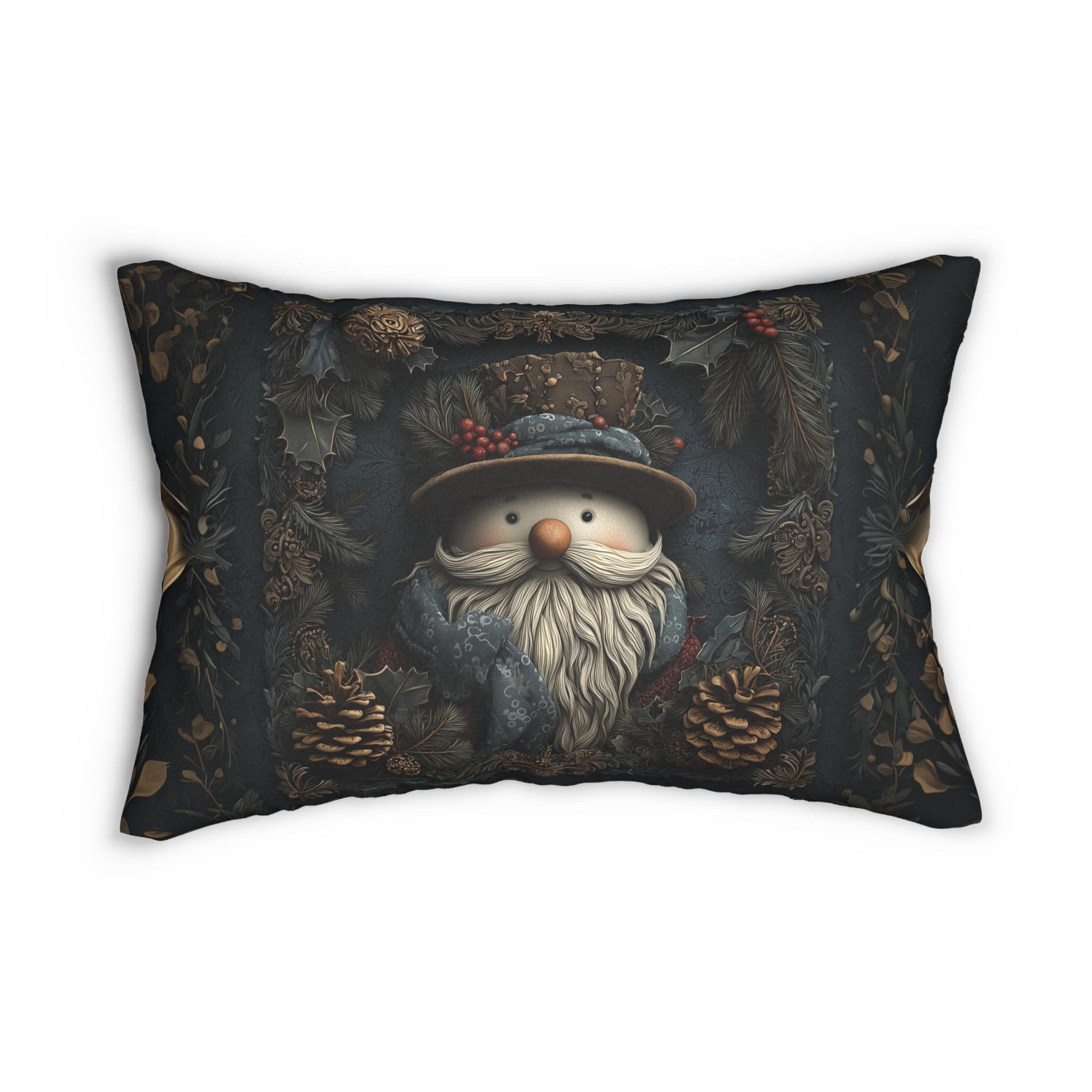 William Morris Inspired Christmas Lumbar Pillow: Rustic Santa Snowman Woodland Pine & Holly Illustration