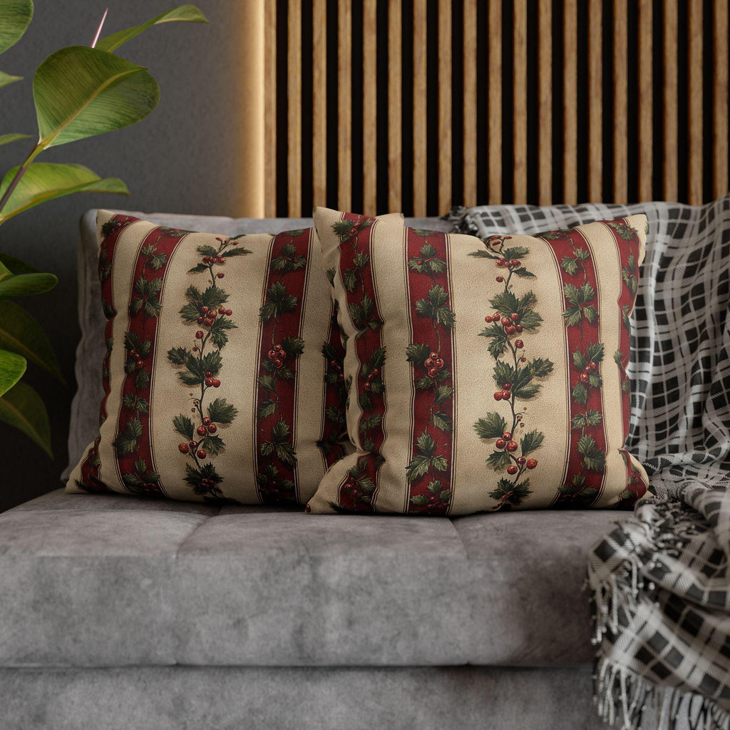 Striped Holly Christmas Pillow Cover: Red, Green, Cream Holiday Botanical Winter Decor