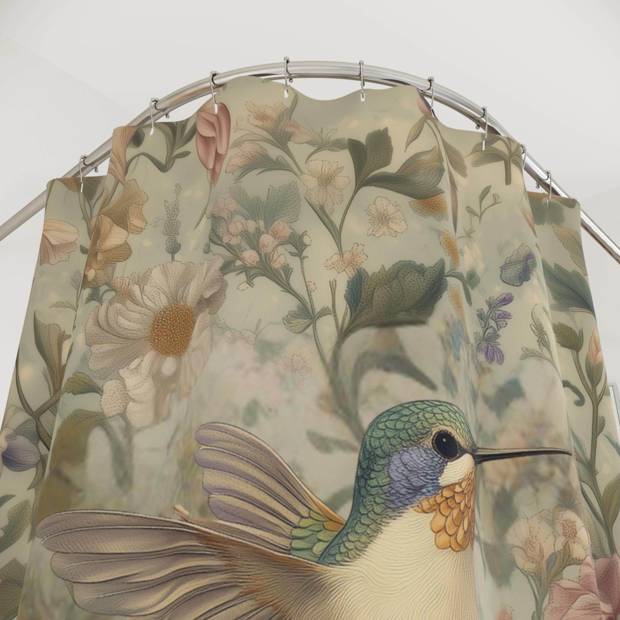 Vintage-Inspired Hummingbird Watercolor Shower Curtain: Soft Botanical Design for Cottagecore Bathrooms