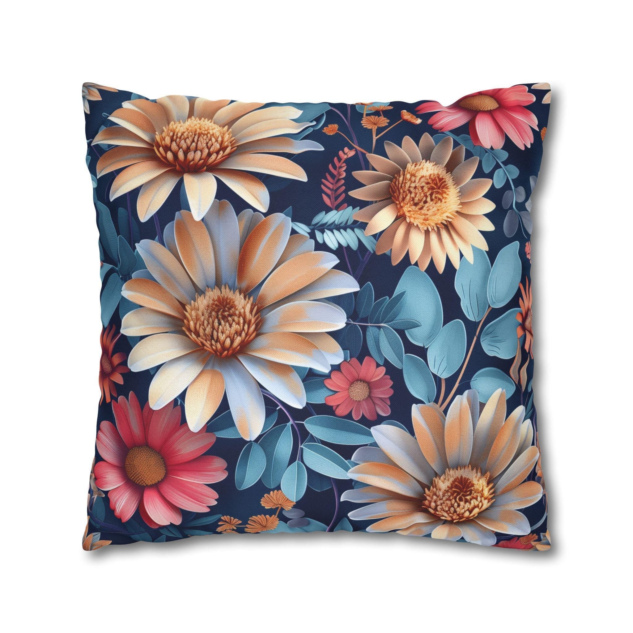 Vibrant Floral Pillow Cover | Peonies on Dark Blue | Colorful Home Decor Square Cushion Cover