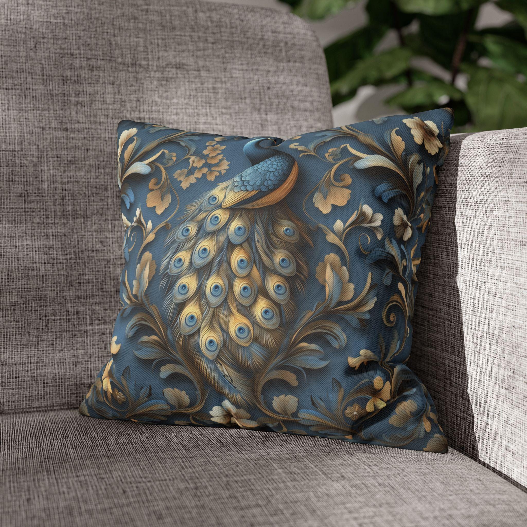 Elegant William Morris Peacock Pillow Cover: Vintage Arts & Crafts Blue Gold Bird Cushion Design