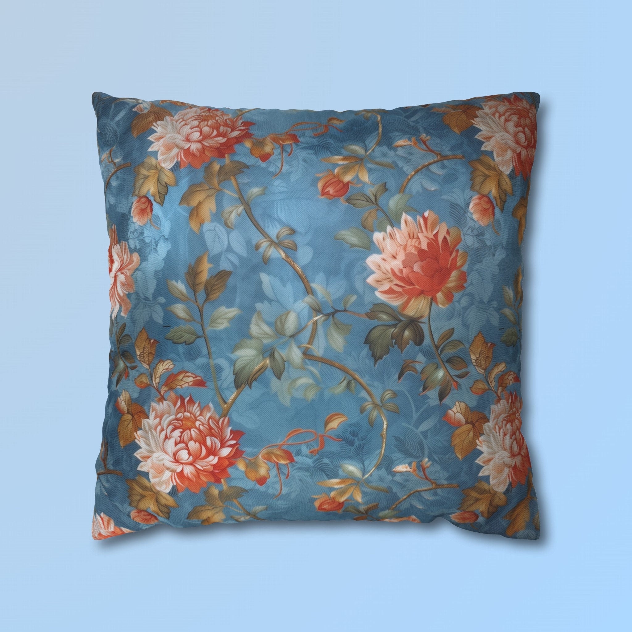 Chinoiserie Pillow Cover: Vintage Inspired Floral Peonies on Blue