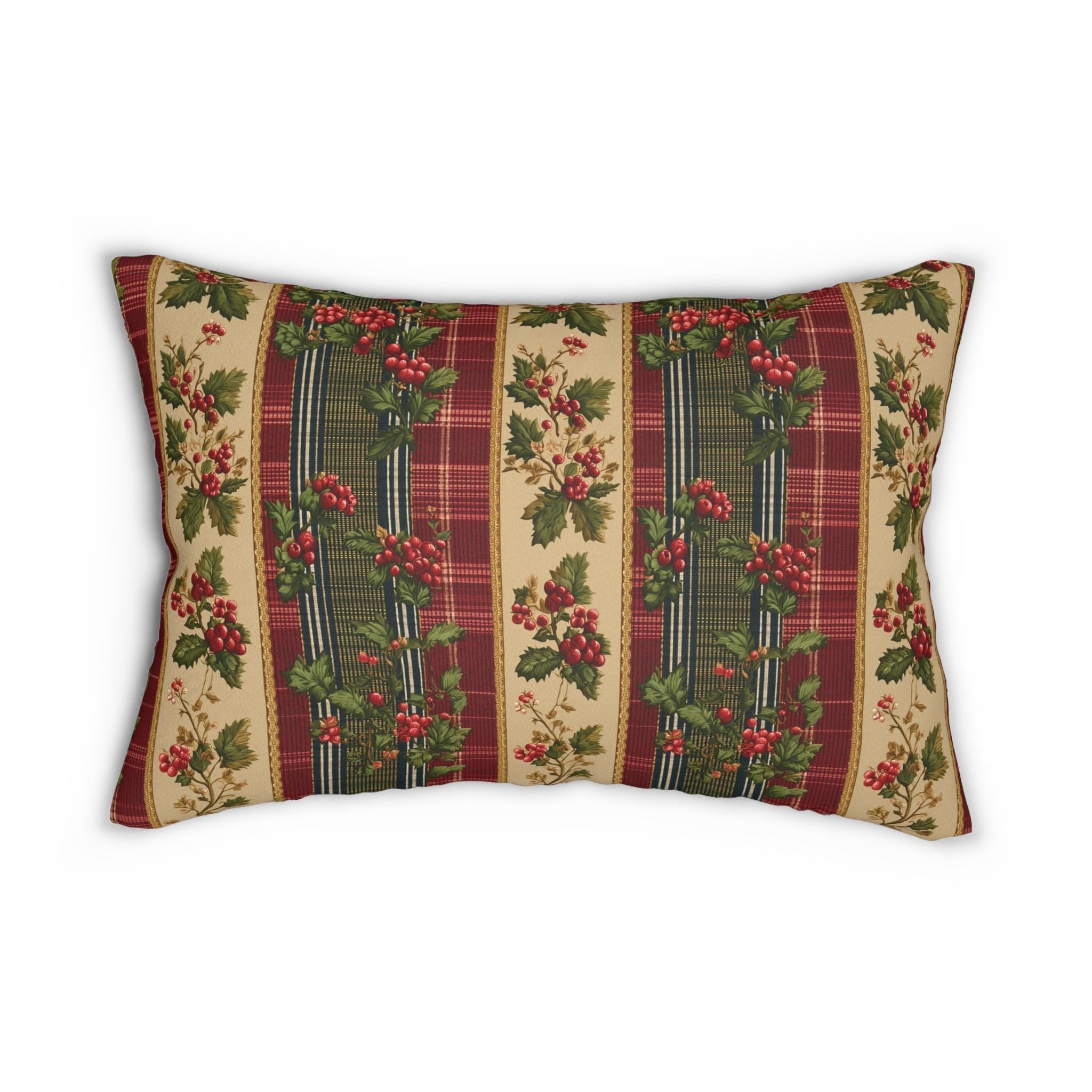 Christmas Lumbar Pillow: Classic Vintage Style Holly & Tartan Plaid in Red Green and Cream