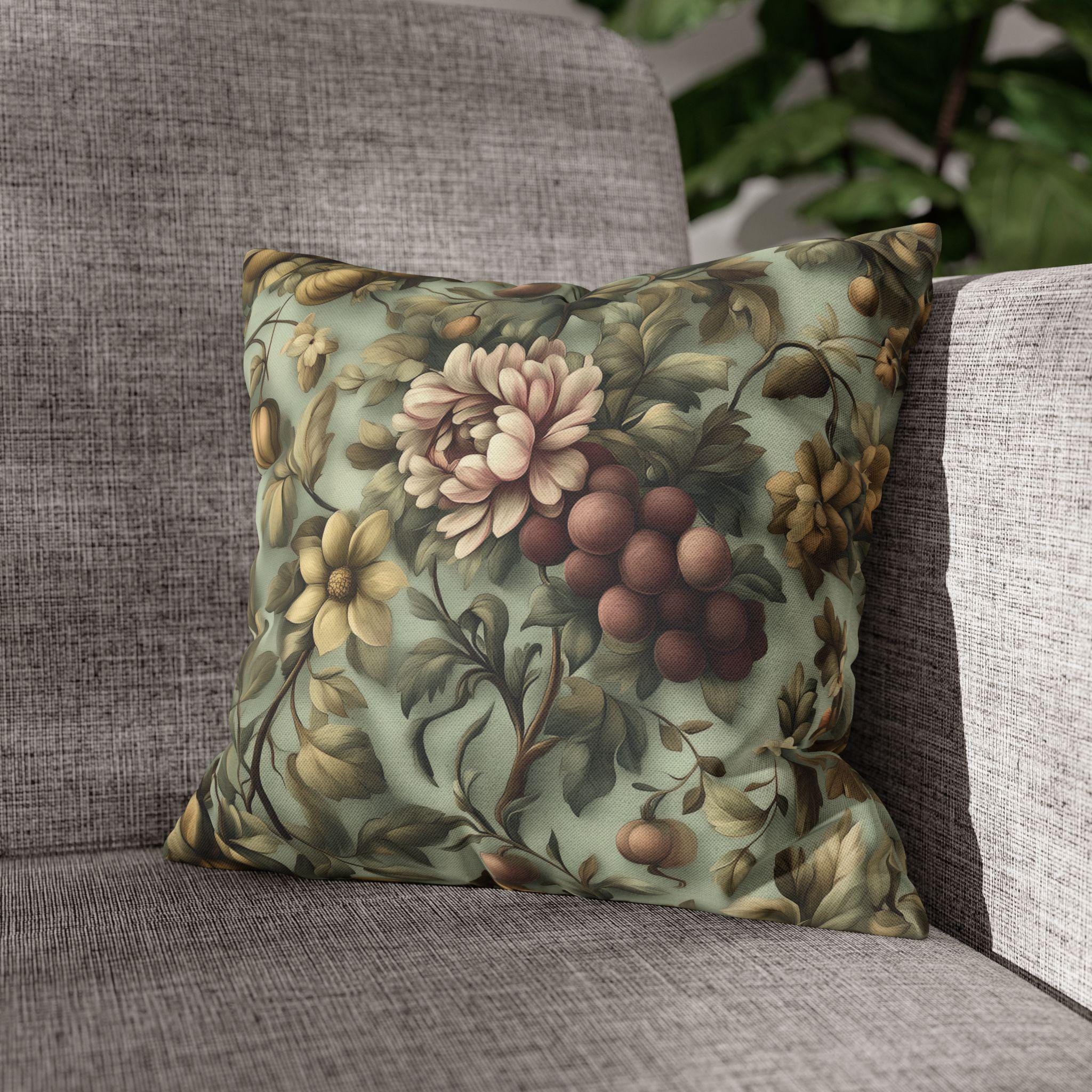 William Morris Inspired Autumn Floral Pillow Cover: Celadon, Fig Purple, Gold Heirloom Design